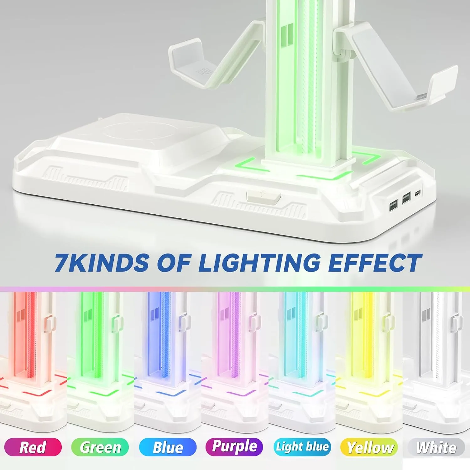 KDD RGB Headphone & Controller Stand with Wireless Charging - Rotatable Headset Stand with 9 Light Modes - Controller Holder with 2 USB and Type C Ports - for Gamers Desktop Accessories(White)
