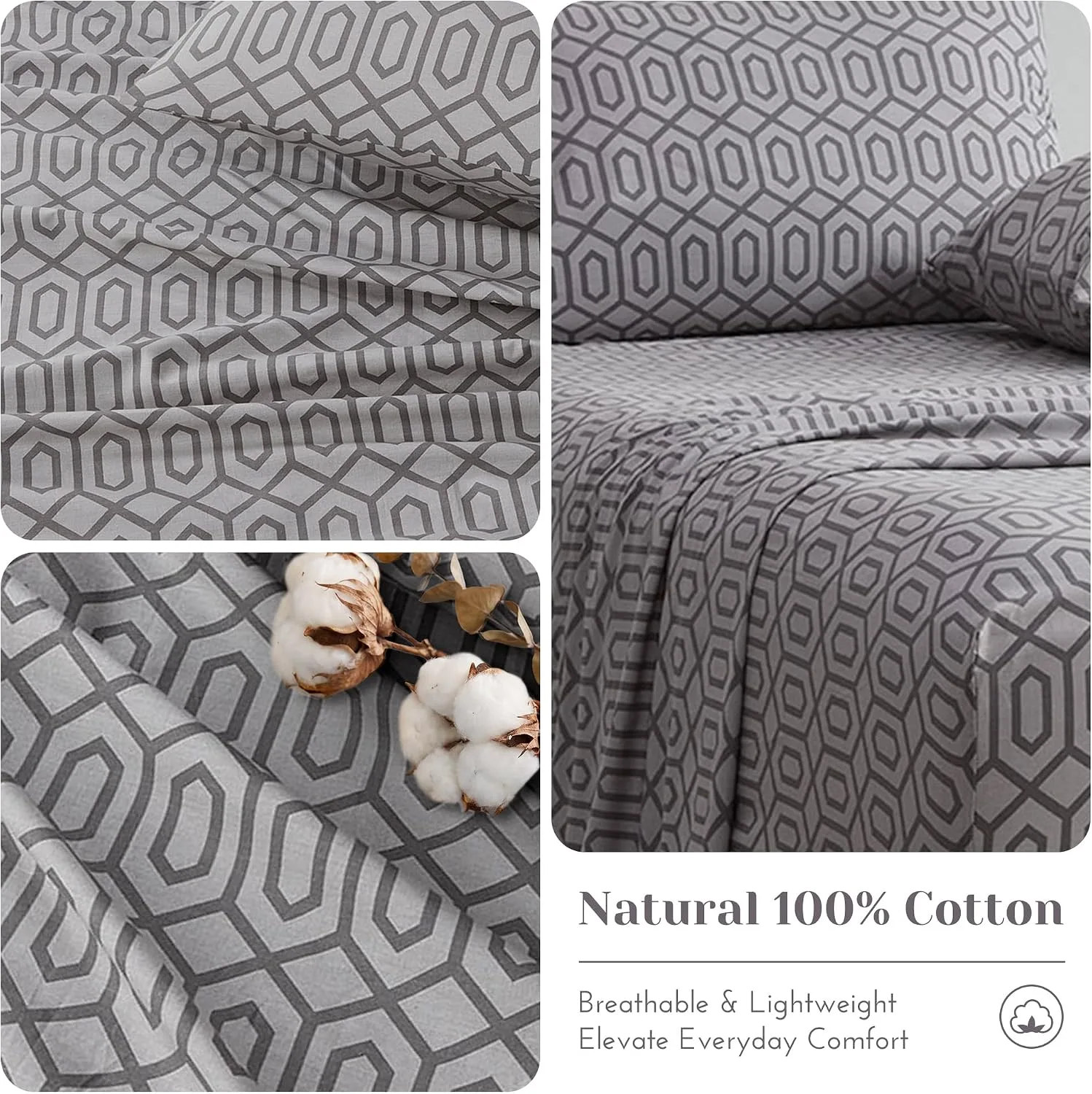 Comfort Spaces 100% Cotton Percale Sheets Queen Size 4 Pcs, Diamond Sliver