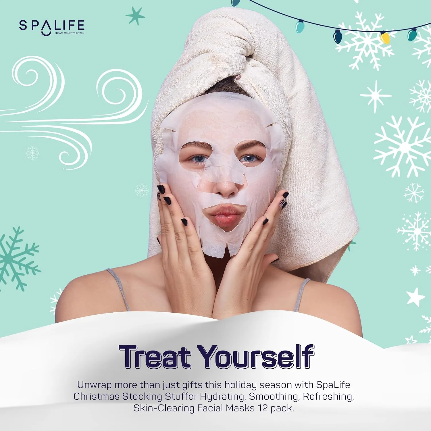 SpaLife Beauty Stocking Stuffers Christmas Face Mask Bundle | Korean Facial Masks | Hydrating, Smoothing, Refreshing and Clarifying Sheet Mask Set | Christmas Stocking Stuffers for Women | 12 Pack