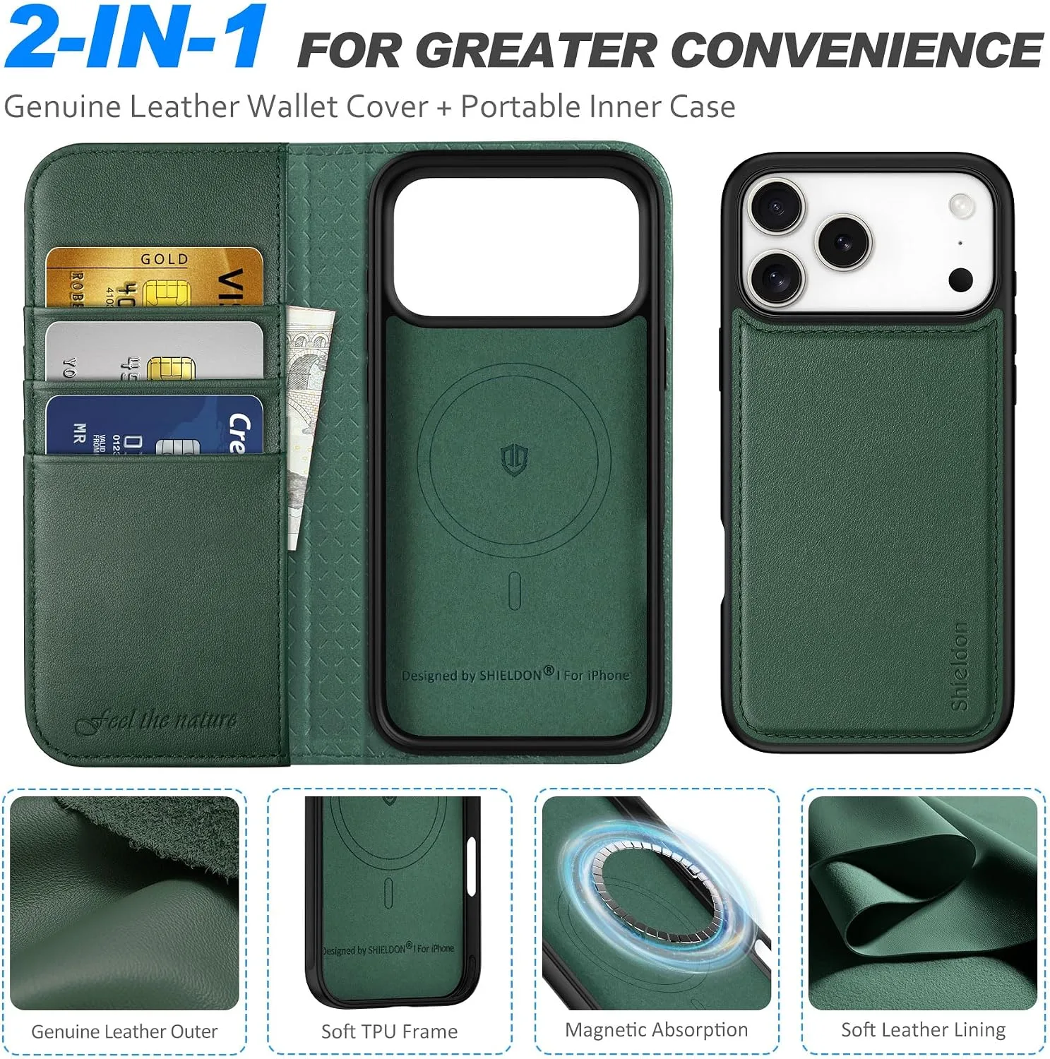 SHIELDON 2 in 1 Wallet Case for iPhone 18 Pro Max/17 Pro Max, Evergreen