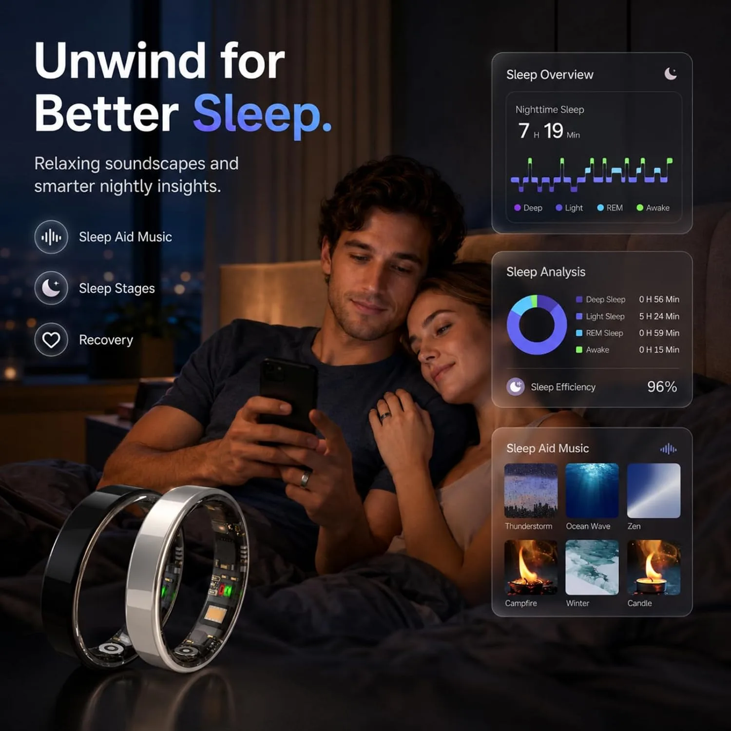 Smart Ring for Women Men, Fitness & Health Tracker with Heart Rate, Blood Oxygen, HRV, Stress, Sleep & Step Tracking, 5ATM Waterproof Smart Ring for iPhone & Android, No Subscription Fee