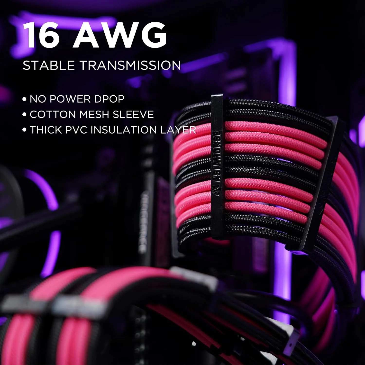 AsiaHorse Upgraded 16AWG PSU Cable Extension Sleeved Custom Mod GPU PC Power Supply Soft Braided Cables (Black-Pink) with Two Color Comb Kit 24P/8P to 6+2P/8P to 4+4P 30CM