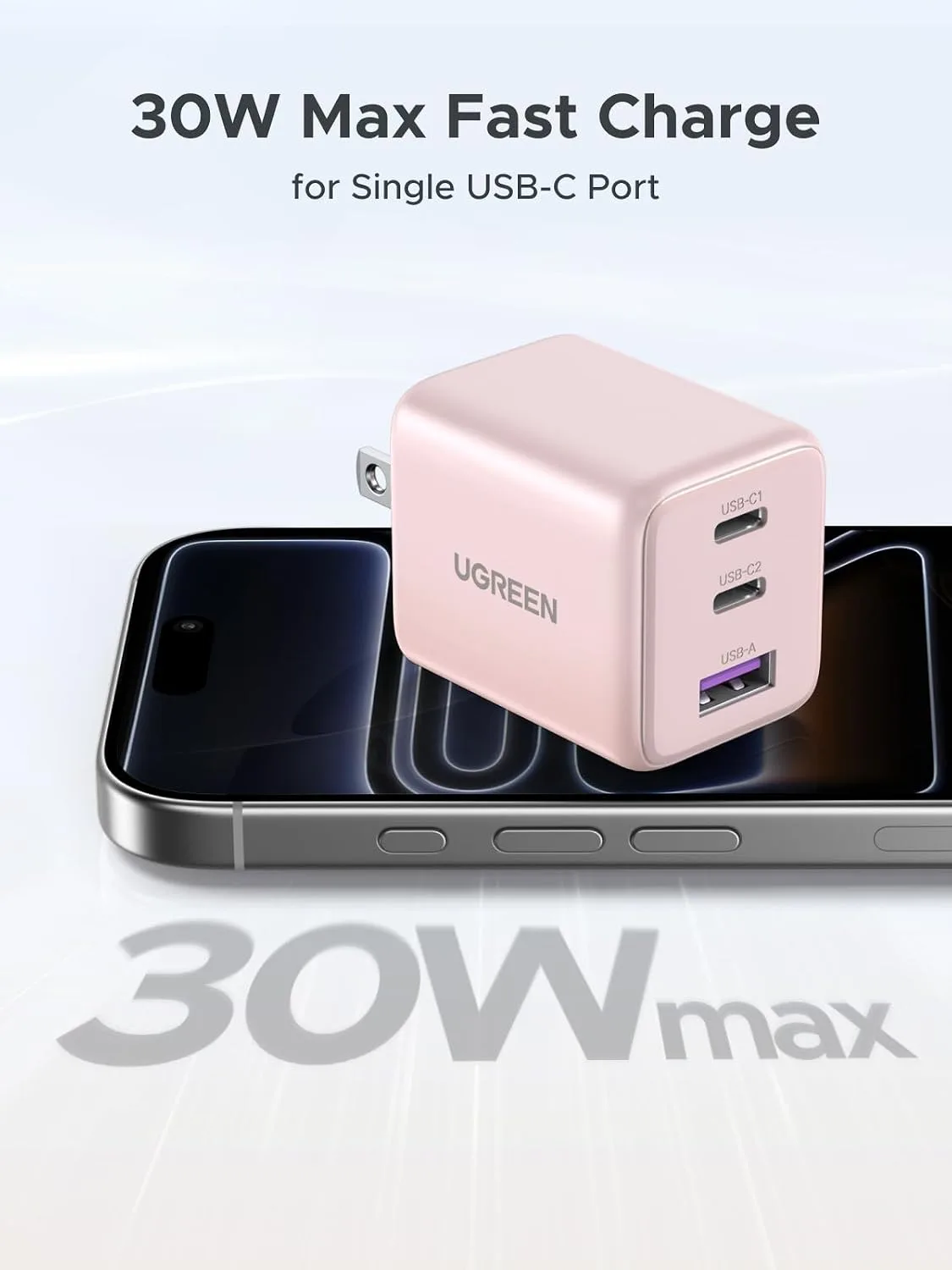 UGREEN 3-Port 30W USB C Charger Block, GaN II Type C Fast Charging, Pink