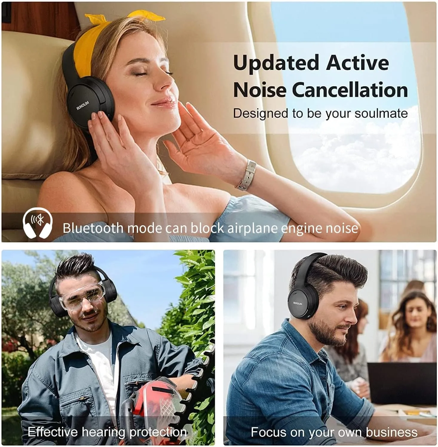 RUNOLIM Active Noise Cancelling Headphones, Wireless Bluetooth Over Ear
