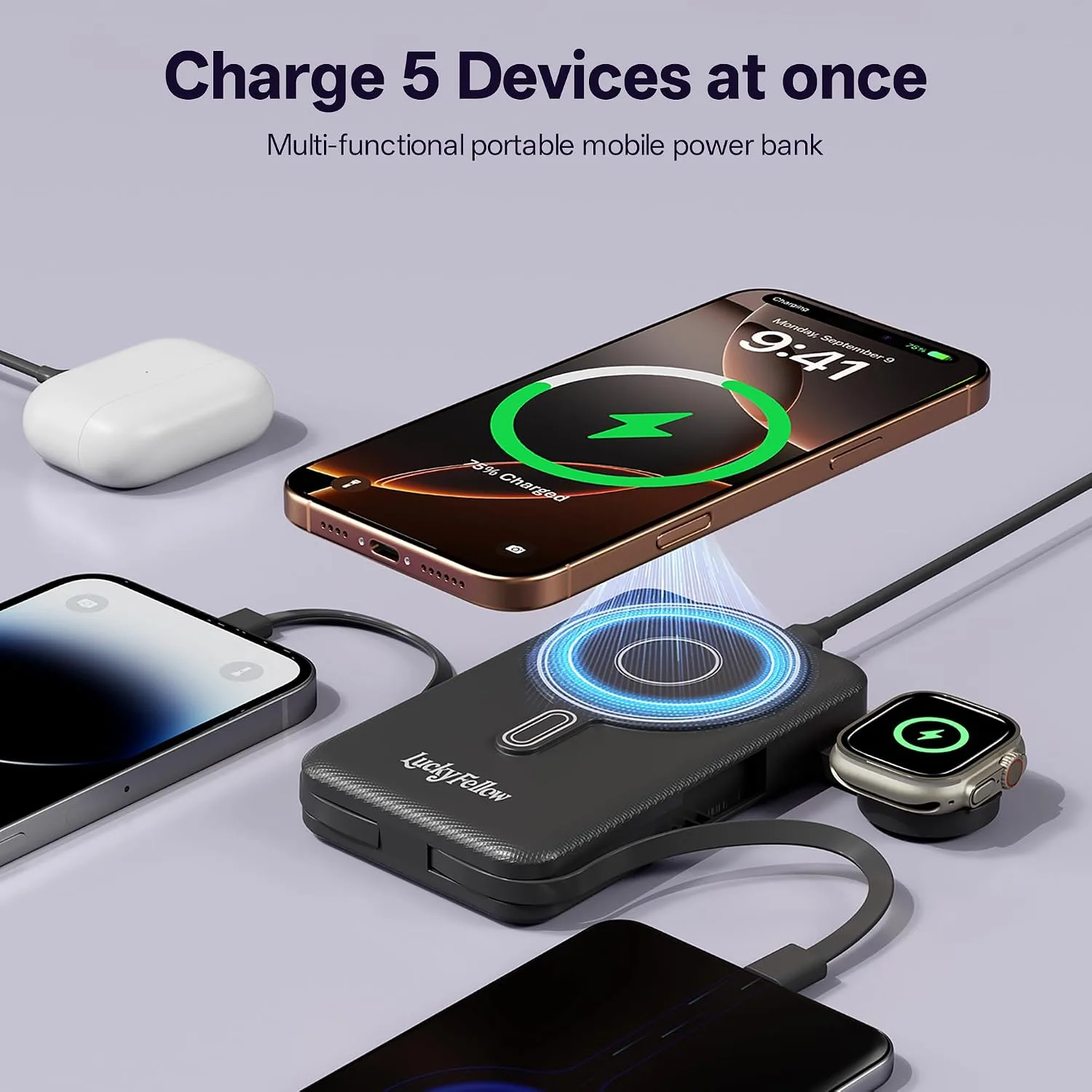 Magnetic Portable Charger Built-in Cables,10000mAh Fast Charging Wireless Charger Station External Battery Pack Slim Pocket Size Power Bank with Stand Compatible with iWatch, iPhone