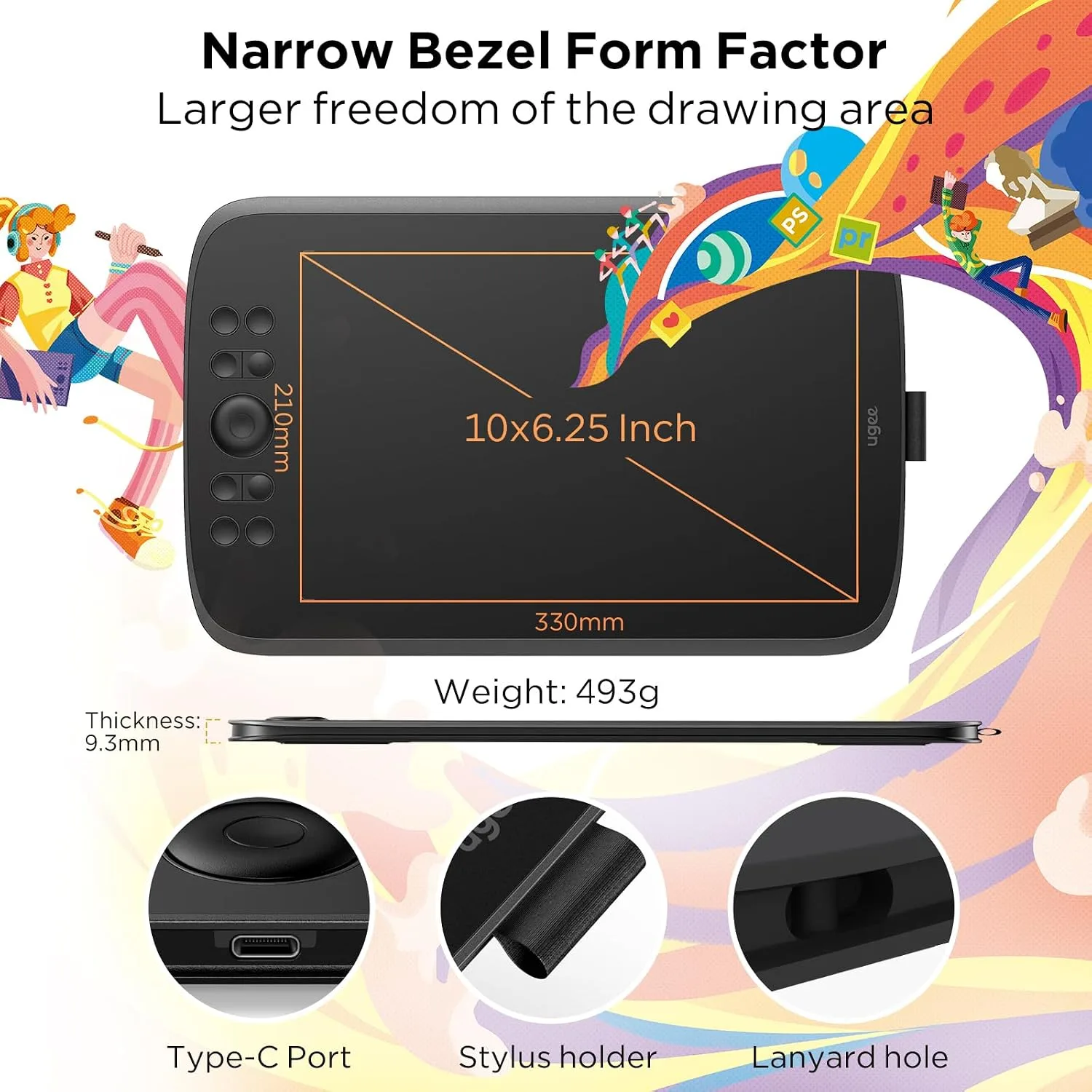 UGEE Upgrade M908 10x6.25Drawing Tablet,Graphics Tablet with 8 Hot Keys & Scroll Wheel,Battery Free Stylus of 16K Levels Pressure Sensitivity Drawing Pad Compatible with Windows/Mac/Android Art Tablet