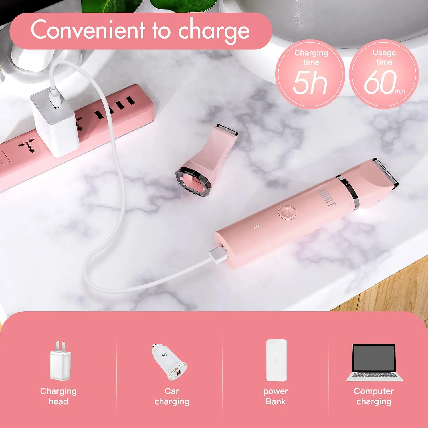 AIBRIT PRO Electric Bikini Trimmer for Women - 2 in 1 Electric Lady Pubic Hair Groomer Painless Hair Removal Razor Body Shaver, Portable Ladies Shaver with 2 Trimmer Heads, IPX7 Waterproof