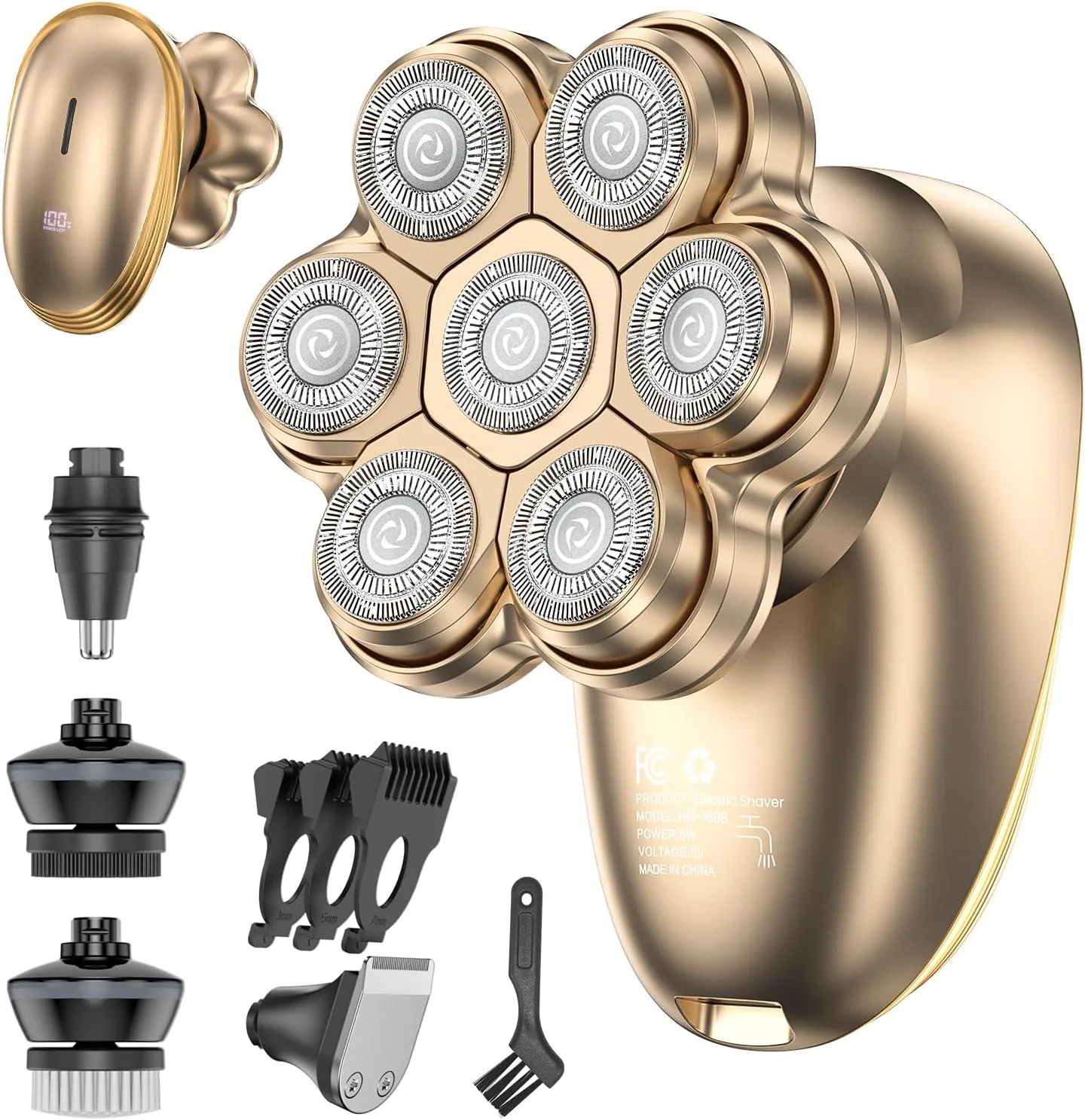 5-in-1 Head Shaver for Bald Men – 7D Floating Rotary Shaver,Electric Razor for Men with Magnetic Detachable Heads,IPX7 Wet Dry Waterproof Grooming Kit, Type-C Fast Charge for Travel (Gold)
