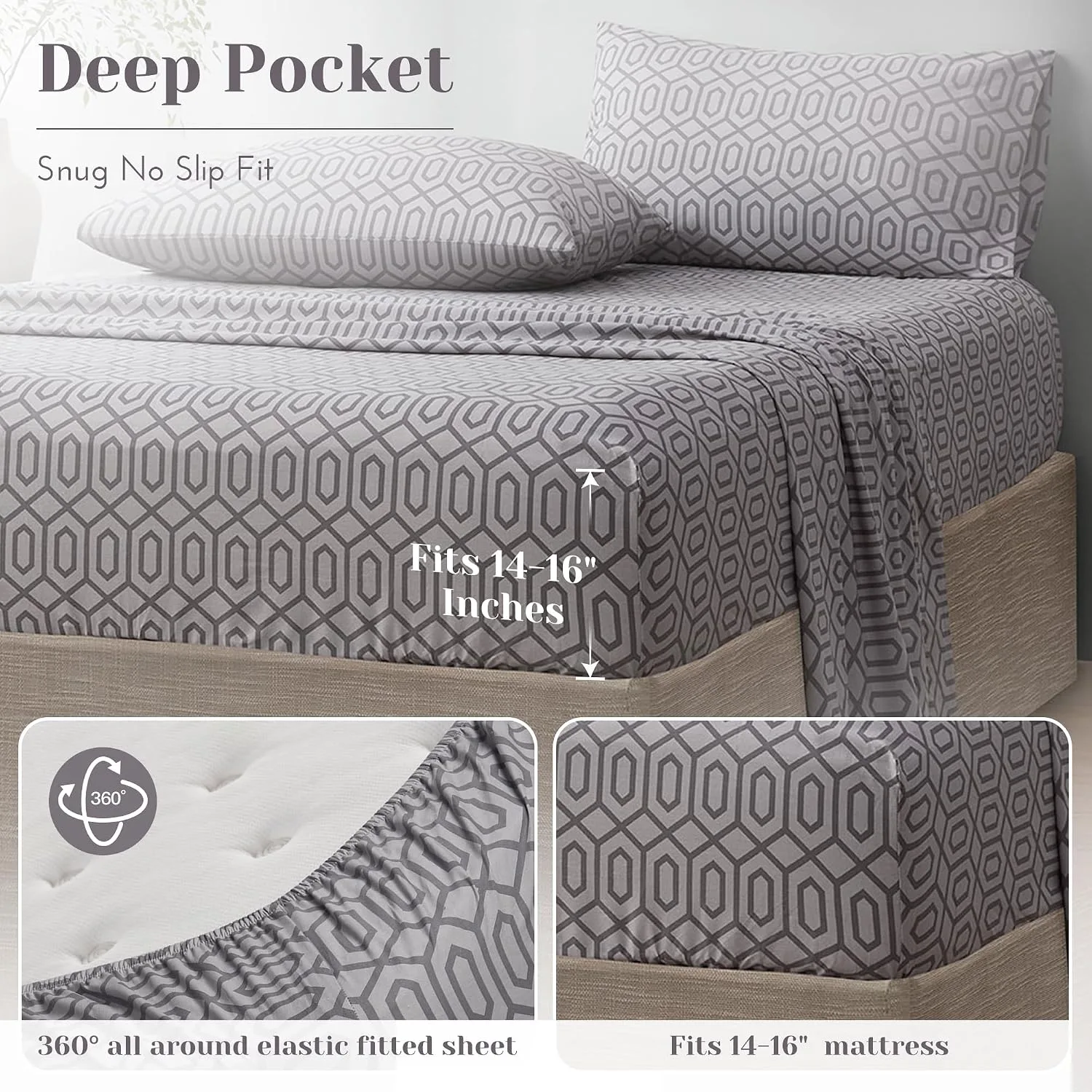 Comfort Spaces 100% Cotton Percale Sheets Queen Size 4 Pcs, Diamond Sliver