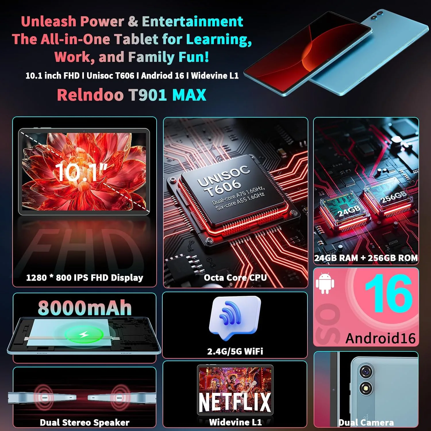 Android 16 Tablet with Keyboard - 10 inch Tablet with 24GB+256GB+2TB Expand
