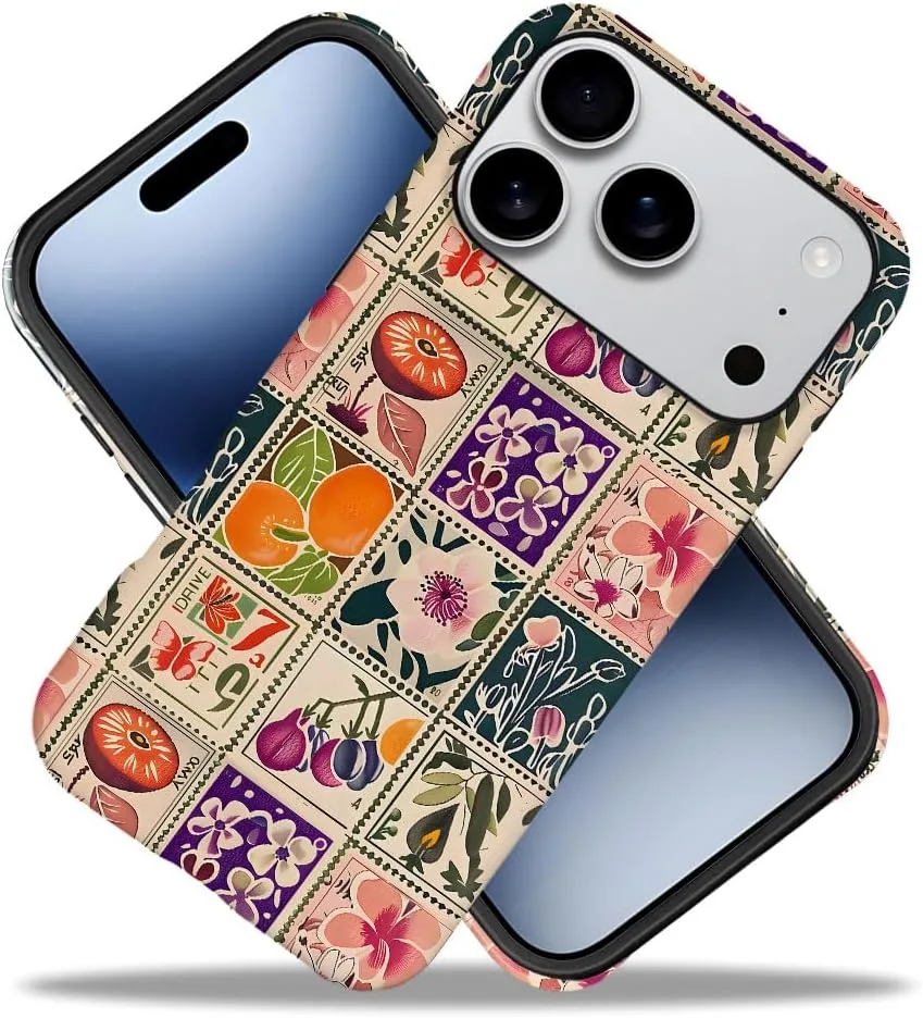 Case Compatible with iPhone 18 Pro/iPhone 17 Pro,Fall Prevention Hybrid 2-Layer Hard Shell Phone Cover for Girls Boys,Vintage Flower Orange Stamp Collage