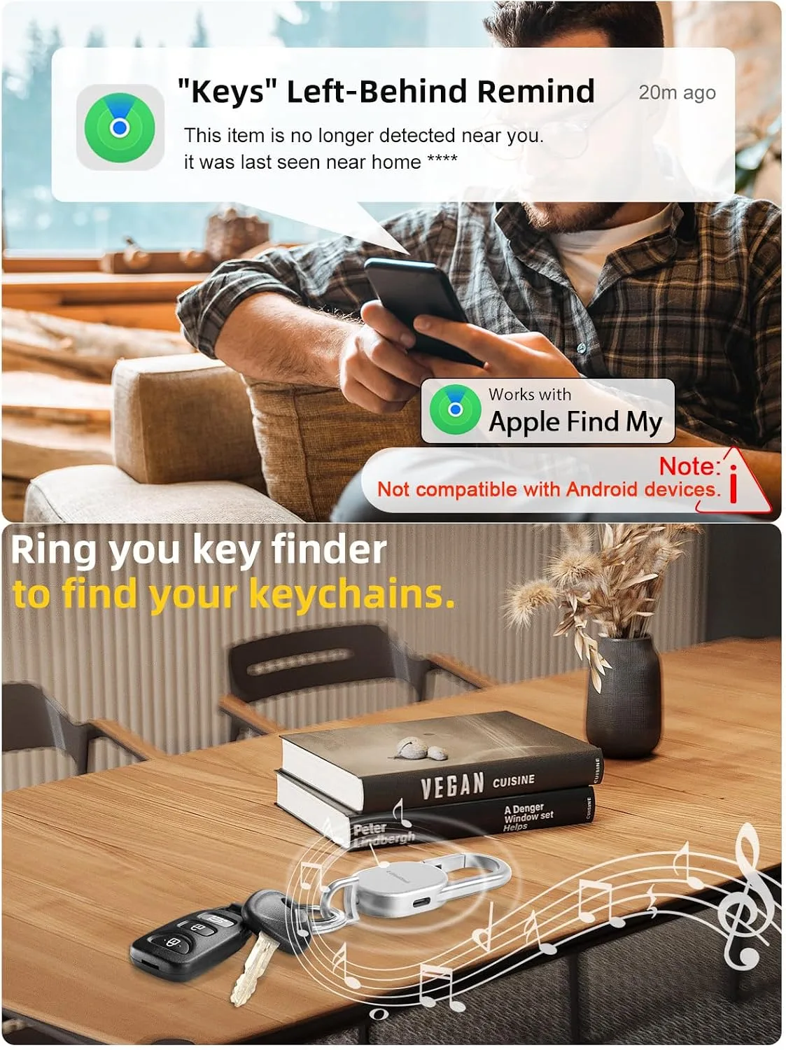 Find My Key Finder, Stainless Steel Keychain, Rechargeable Tracker