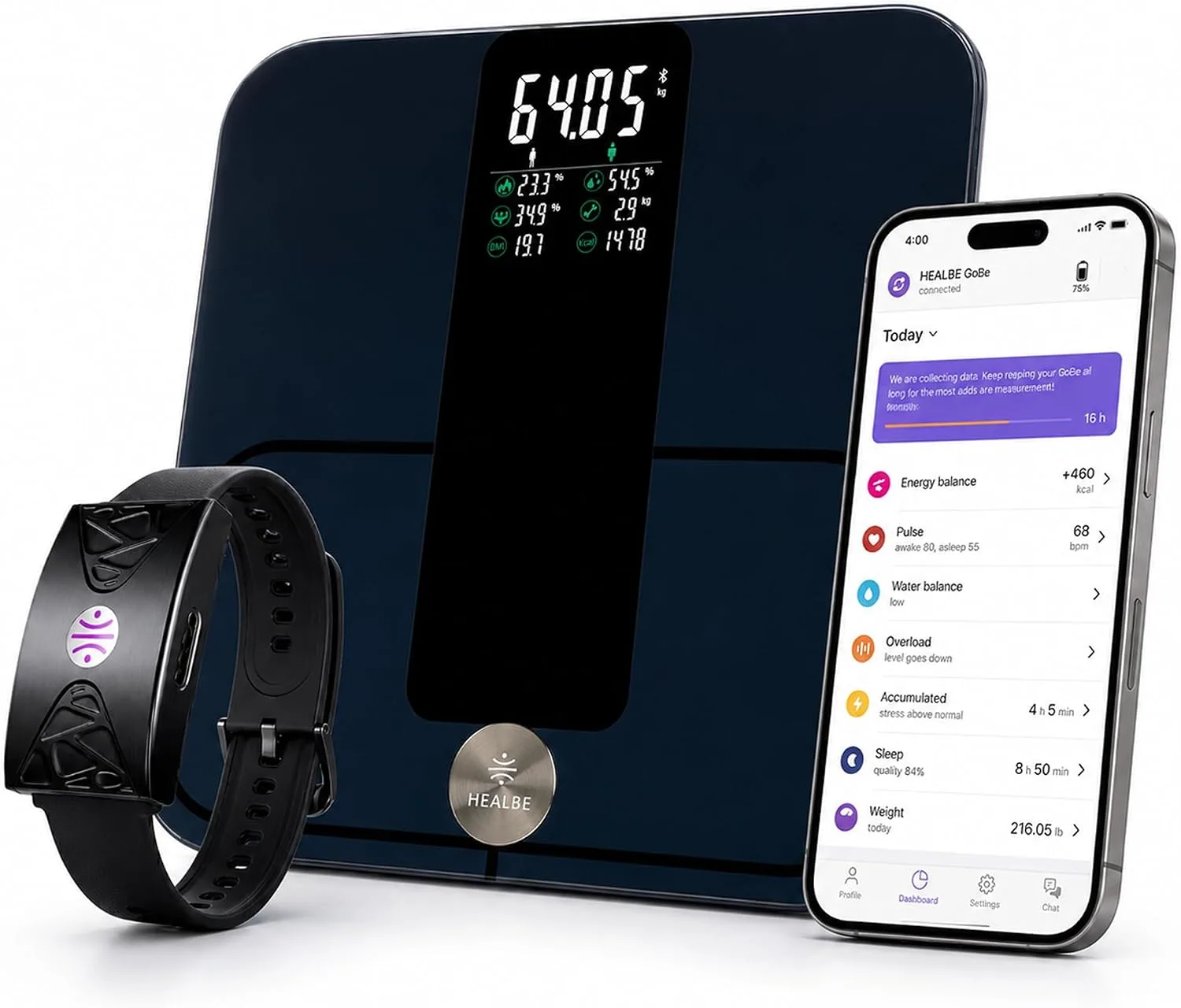 HEALBE Start Control 2 Kit: Automatic Calorie Intake Smart Band HEALBE GoBe U (Black) & Smart Floor Scales HEALBE Scale with Body Composition Analysis (Black)