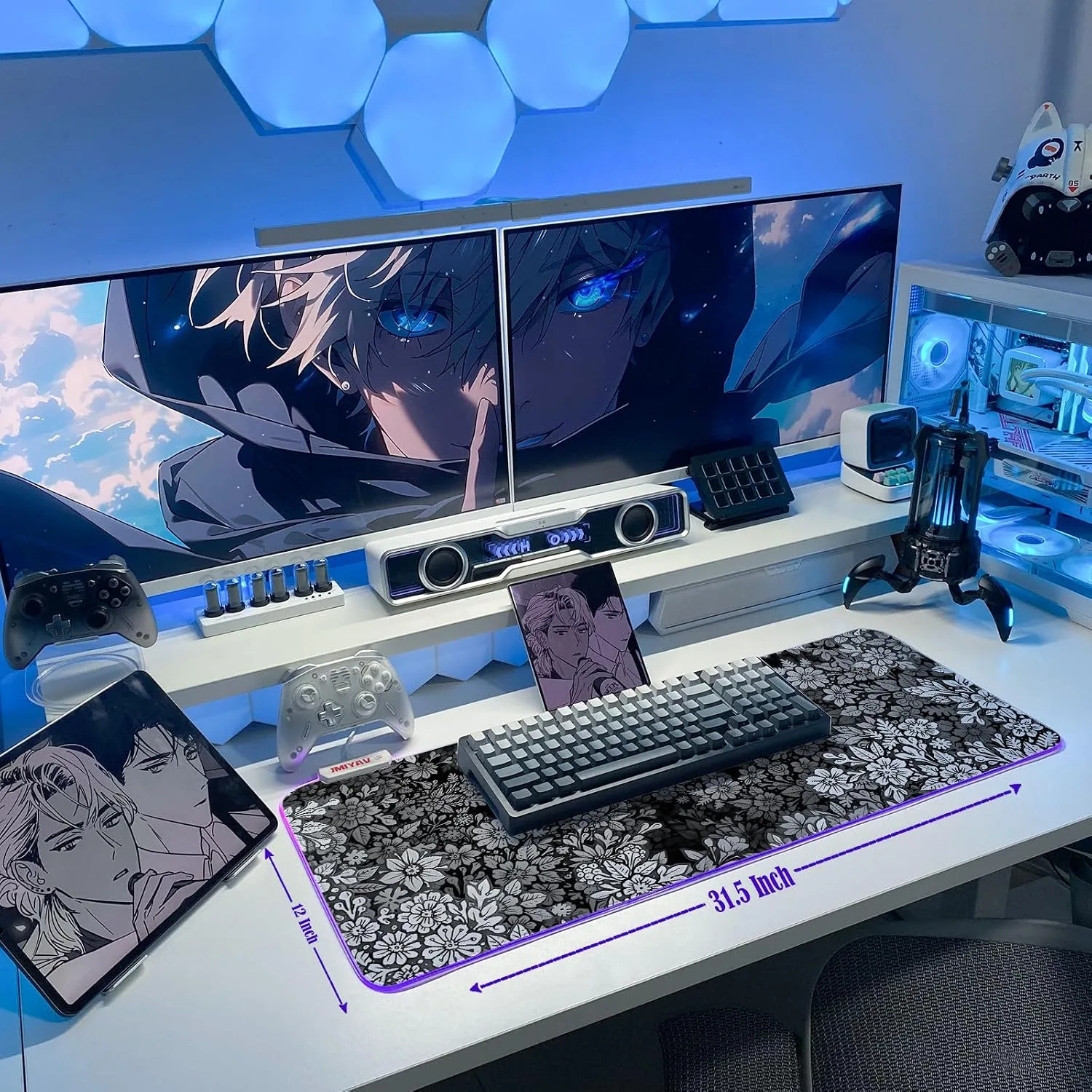 JMIYAV White Gaming Mouse Pad RGB Mousepad 31.5x12In Non-Slip Rubber Base Extra Large Cool XL XXL Computer Desk Pad Gaming Accessories Setup LED Light Up Big Mouse Pad for Gamer Black Ash Bloom