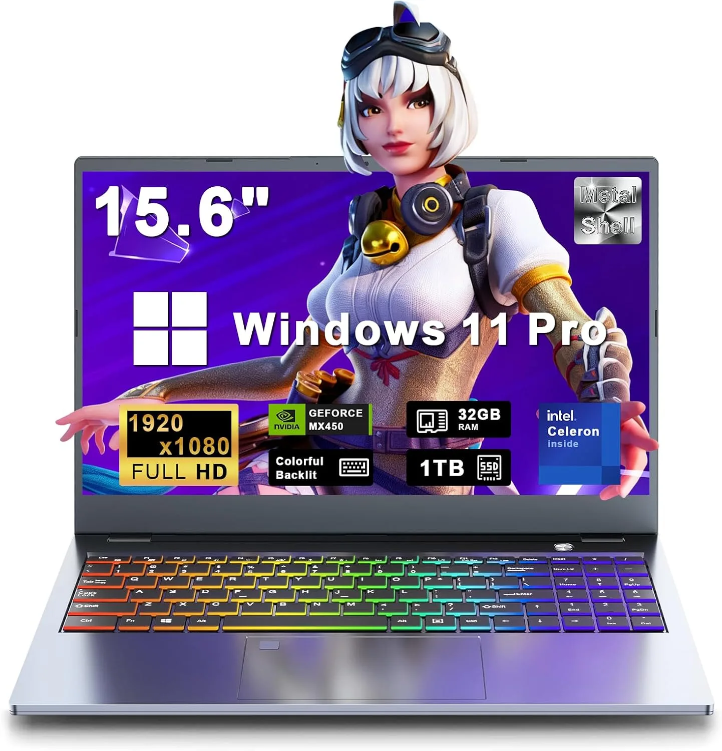 Gaming Laptop, Laptop Computer 2026, 15.6 Inch Lap Top, 16GB DDR4, 1TB SSD, MX450 TU117 GPU, N-series 4C/4T Processor, Win 11 pro, Colorful Backlit, 1080 FHD, HDMI, Wifi5, Metal Shell, Fingerprint
