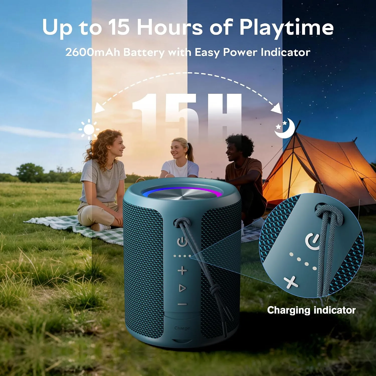 Portable Bluetooth Speaker, IPX7 Waterproof Wireless Speaker with 20W Loud Stereo Sound, 15H Playtime & Beat-Synced RGB Light, Small Outdoor Speaker for Shower, Pool, Beach,Hiking,Gifts(Blue)