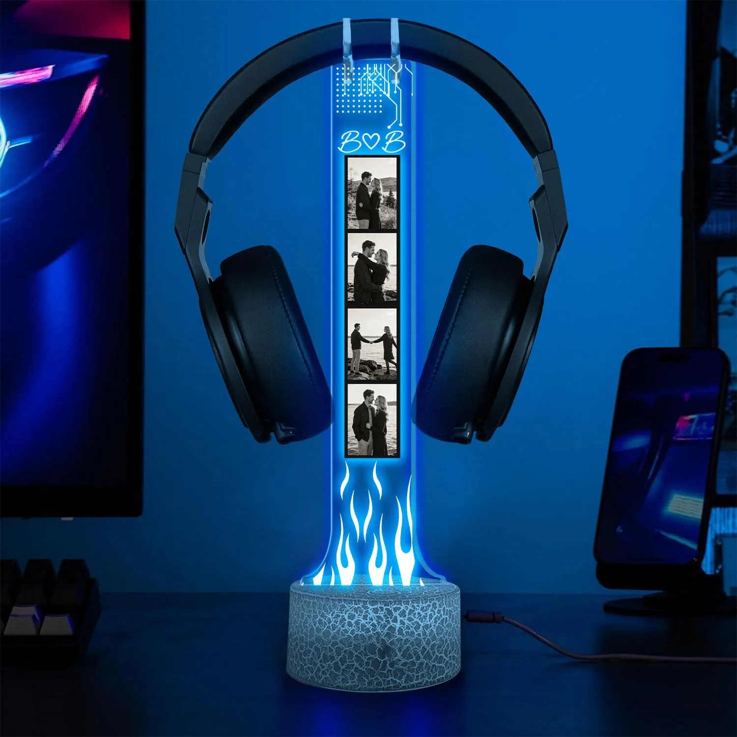 Custom Couple Photo Headphone Holder, Personalized Led Headphone, Headset Holder Gift for Him, Valentine's Day Gifts for Couple, Custom Gift for Gamers, Boyfriend Gifts, Couple Photo