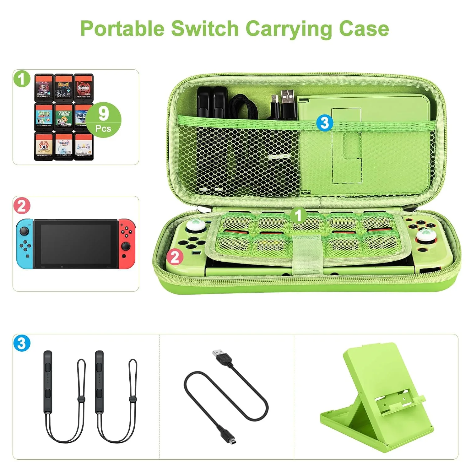 Younik Switch Accessories Bundle, 17 in 1 Green Switch Accessories Kit for Girls Include Switch Carrying Case, Adjustable Stand, Protective Case for Switch Console & J-Con