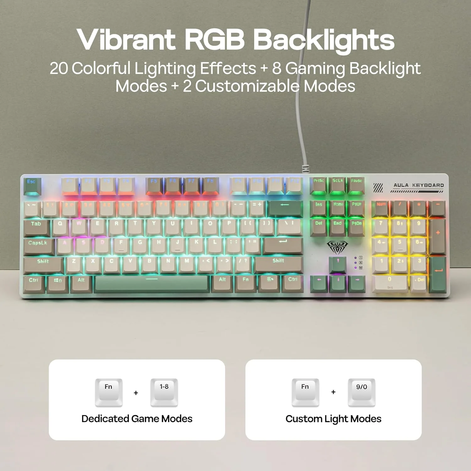 MechLands Aula S500 Wired Gaming Keyboard, 100% Full Size Mechanical Keyboard with Number Pad, 104 Keys, NKRO, RGB Backlits, Shine Through Keycaps, Ergonomic for PC E-Sports (White&Green, Red Switch)