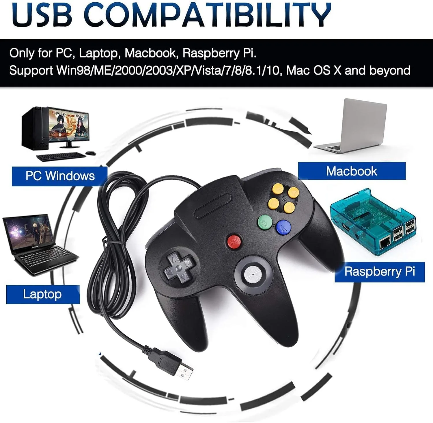 2 Pack USB Wired N64 Controller, miadore Classic N64 PC Gamepad Joystick Controller for Windows PC MAC Linux Raspberry Pi 3 (Black/Red)
