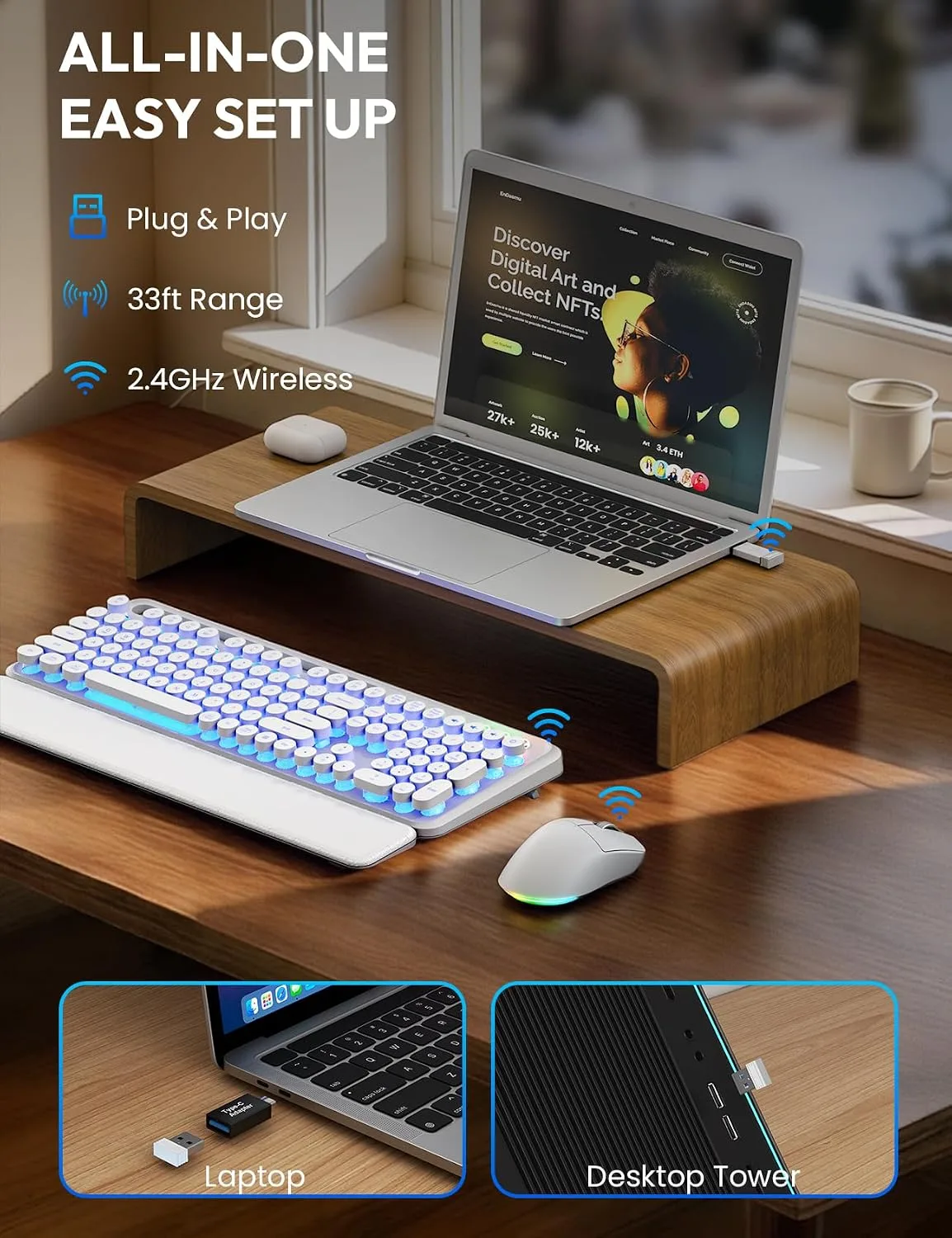 Wireless Keyboard and Mouse, Backlit Typewriter with Magnetic Wrist Rest