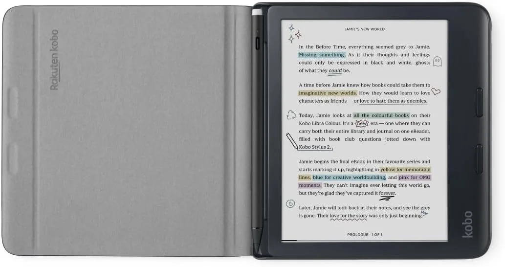 Kobo Libra Colour SleepCover Case | Black Notebook | Sleep/Wake Technology | Built-in 2-Way Stand | Vegan Leather | Compatible with 7” Kobo Libra Colour eReader