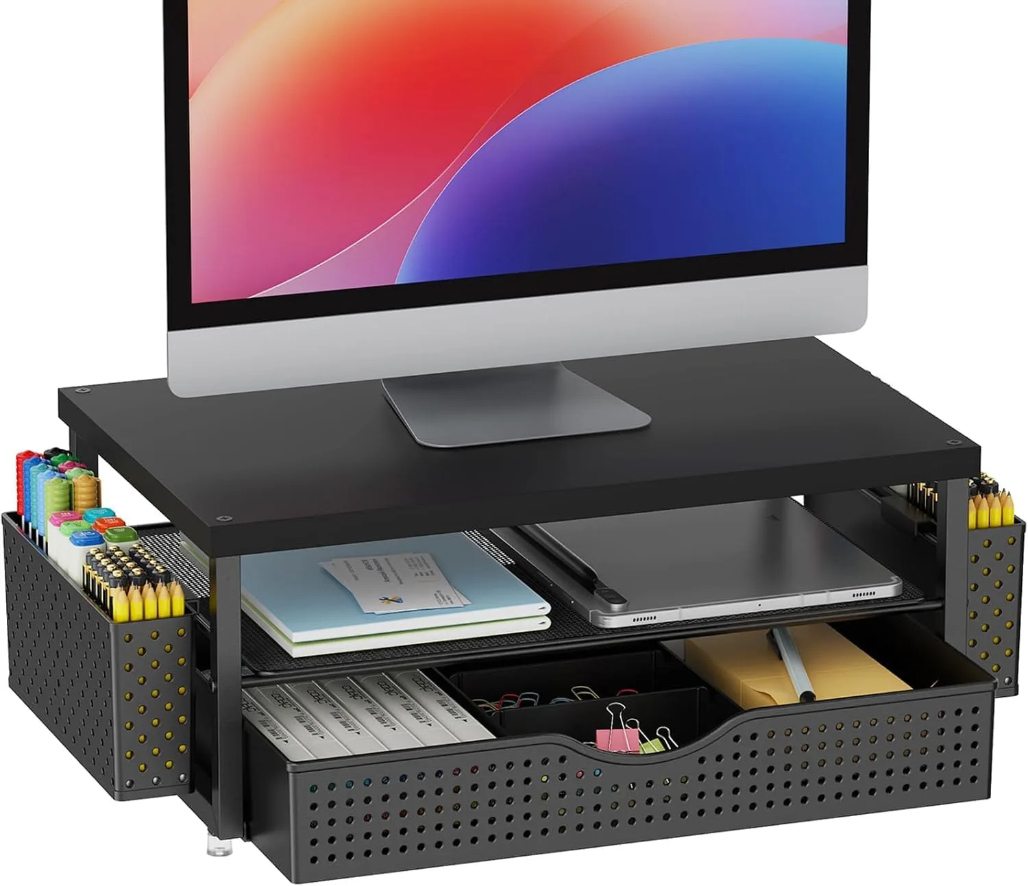 Base para monitor Gianotter con organizador, cajón y porta lápices negro mate