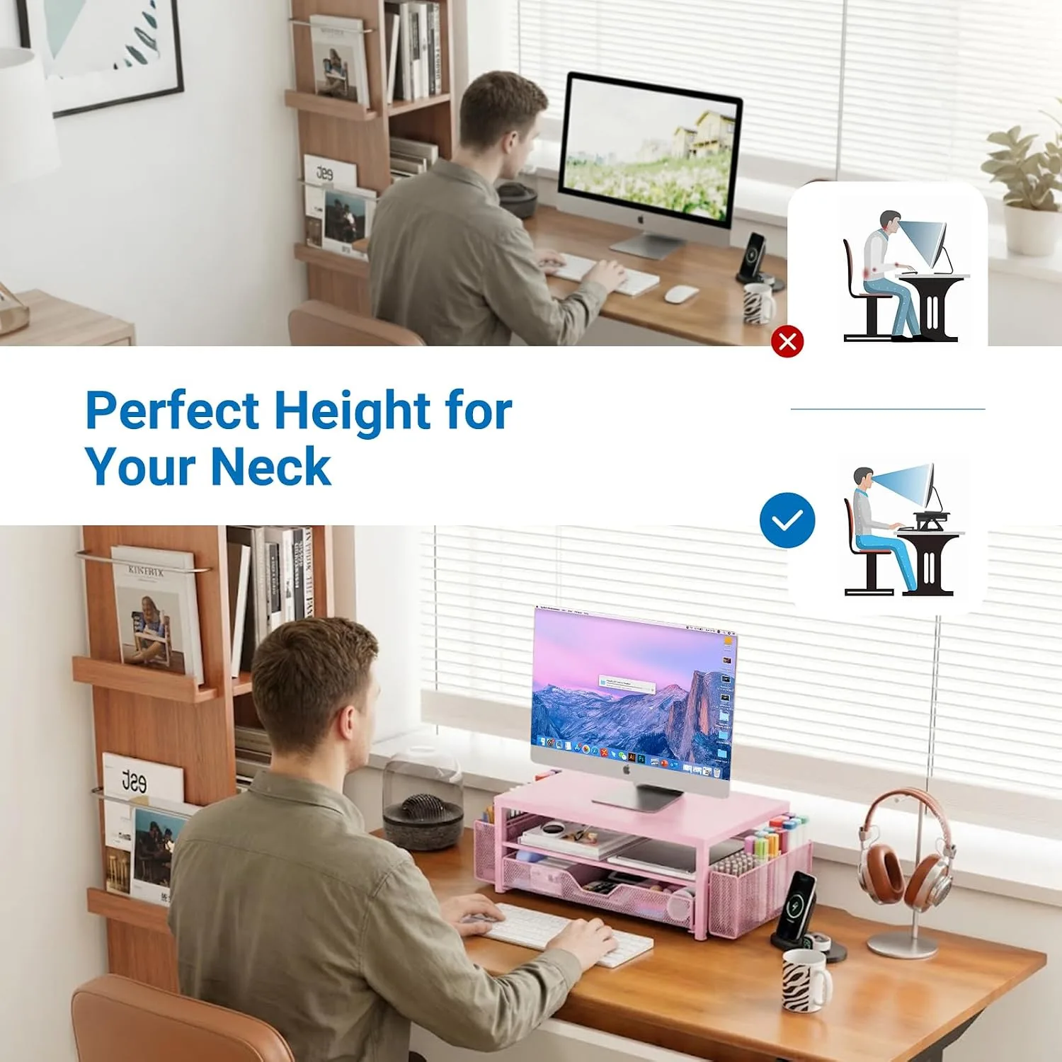 OPNICE Desk Organizer, Monitor Stand Riser with Drawer and 2 Pen Holders