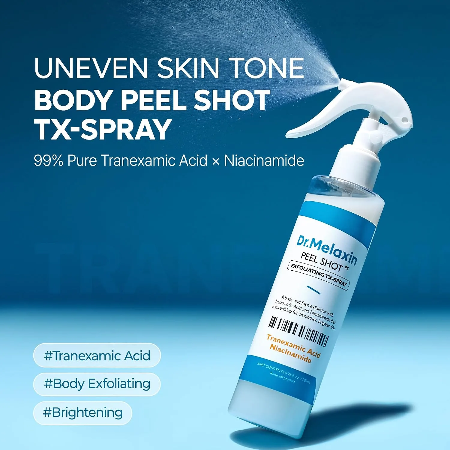 Dr.Melaxin Peel Shot Exfoliating TX-Spray 6.76 fl.oz - 99% Tranexamic Acid and Niacinamide Body Exfoliator Spray for Uneven Skin Tone, AHA PHA Body Peel for Rough Skin, K-Beauty Body Skin Care