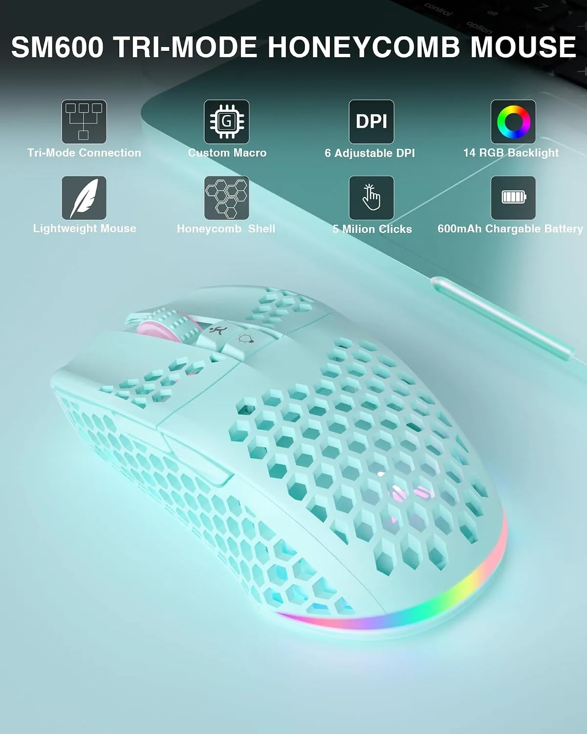SOLAKAKA SM600 Wireless Wireless Gaming Mouse with Honeycomb Shell,Gray