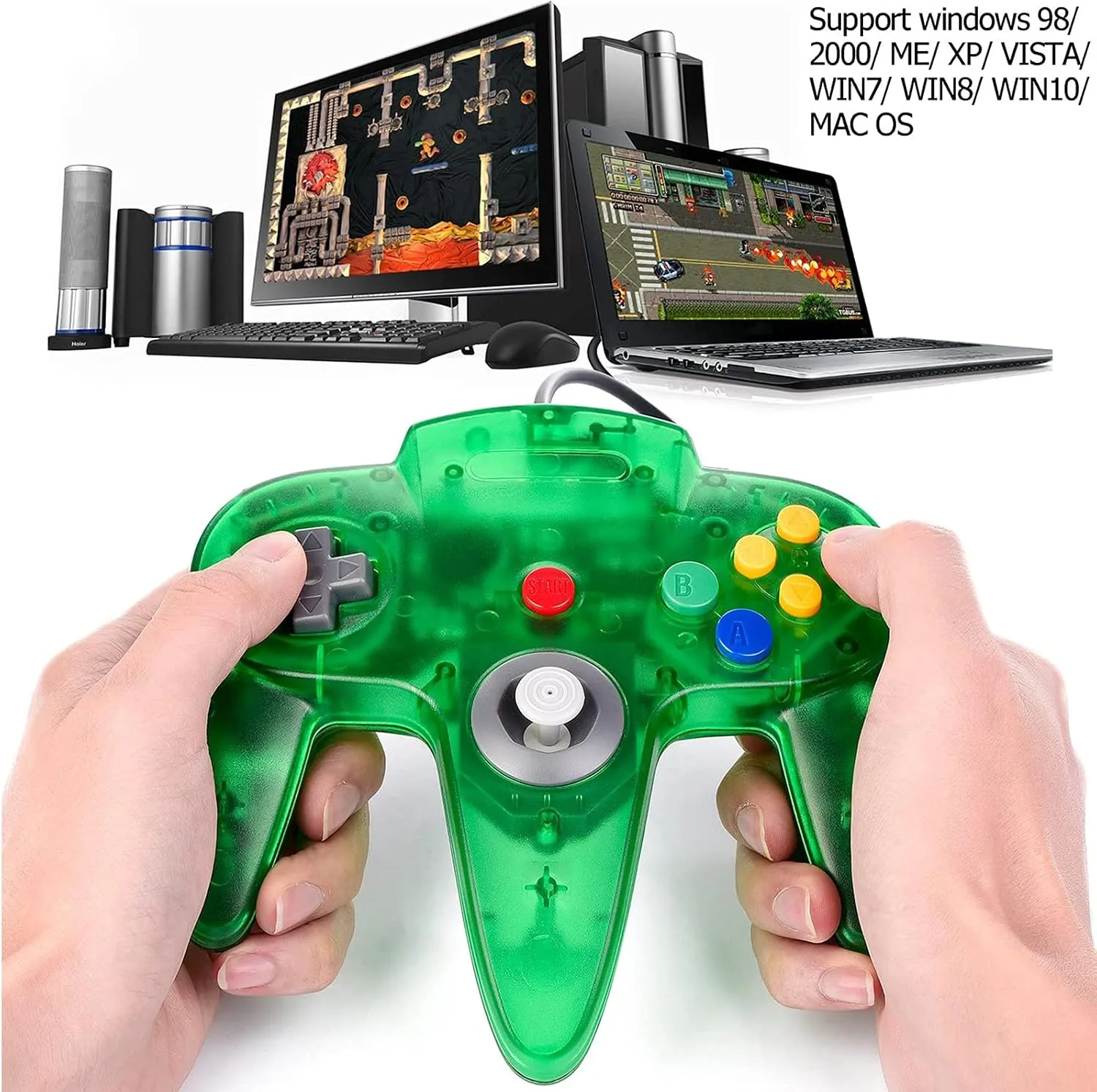 miadore 2 Pack Classic N64 Controller, N64 Wired USB PC Game pad Joystick, N64 Bit USB Wired Game Stick Joy pad Controller for Windows PC MAC Linux Raspberry Pi 3 Sega Genesis (Clear Green/Black)