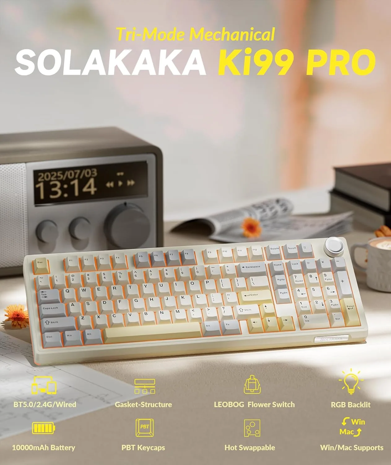 SOLAKAKA KI99 Pro 96% Wireless Gaming Keyboard, RGB Creamy Keyboardw with Knob, Hot-Swappable Pre-Lubed Switches, Gasket Structure Mechanical Keyboards (Beige-White, Non-Silent Version)