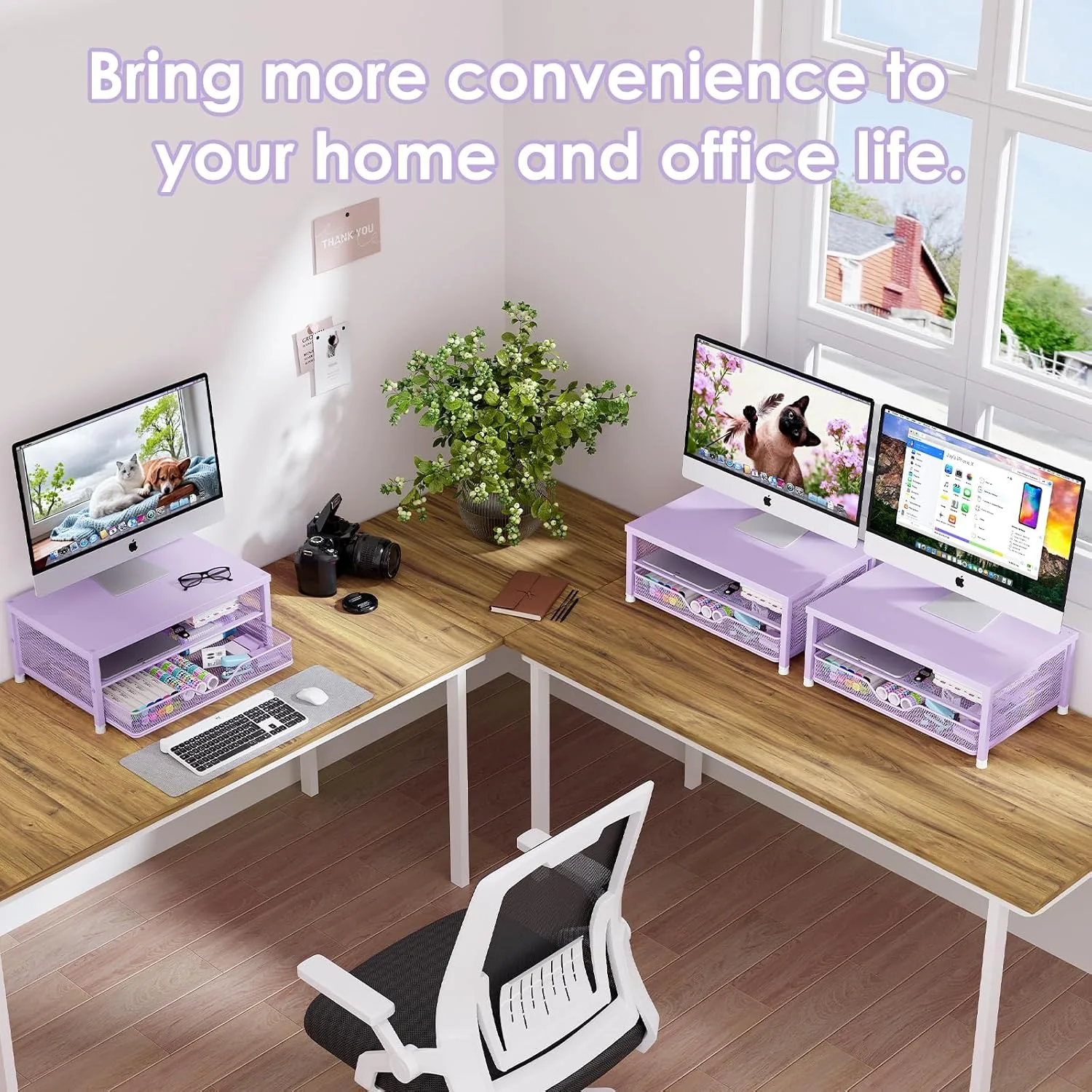 OPNICE Computer Monitor Stand Riser, Desk Organizer with Drawer, Printer & Laptop Stand, Office Desk Accessories & Workspace Desktop Organizers Storage for Office Supplies(Purple)