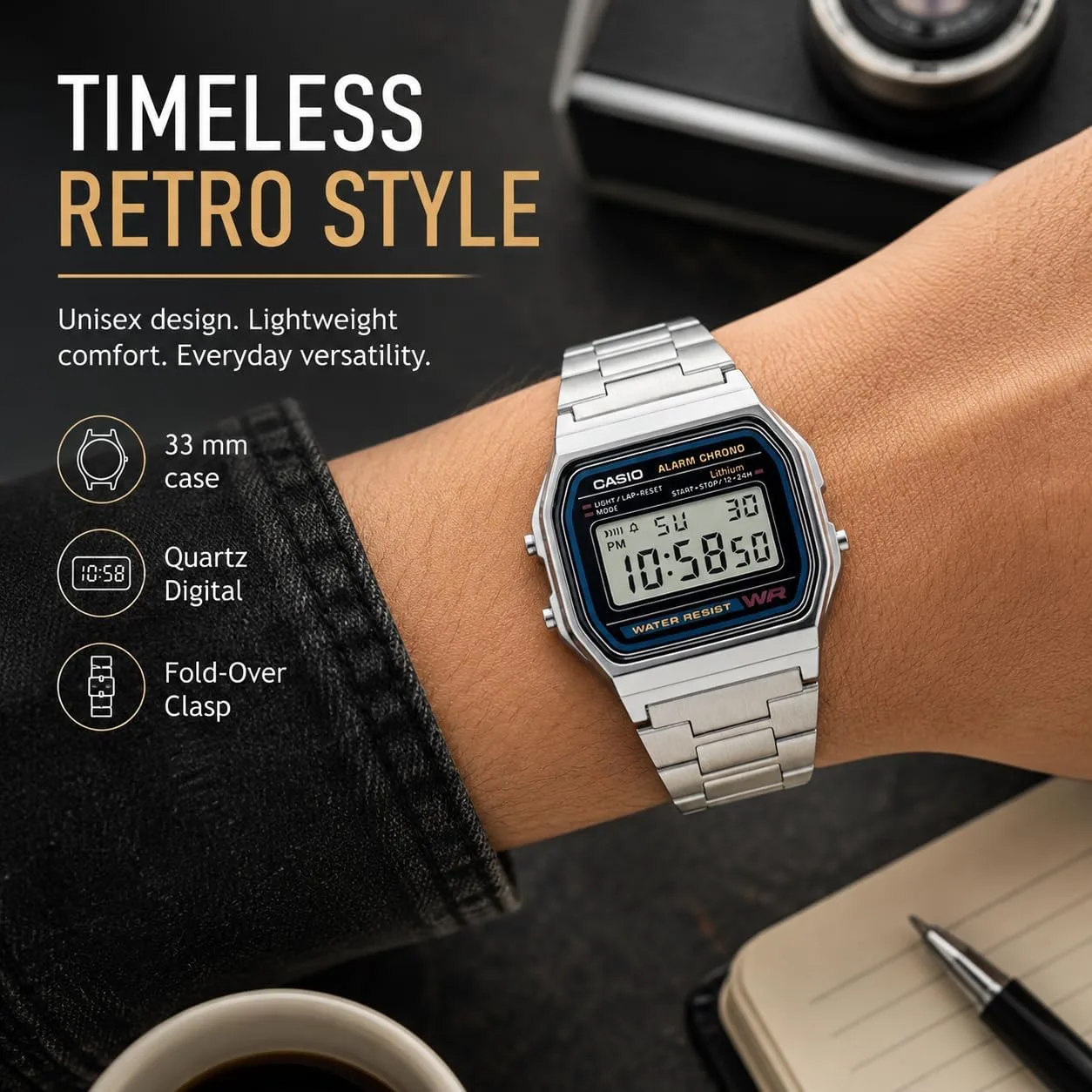 Casio A158WA Series | Unisex Digital Watch | Vintage | WR | 100 SEC Stop Watch | Daily Alarm | Regular Time Keeping: Hour, Minute, Second, PM, Date, Day | Led Light | 7 Yr Battery