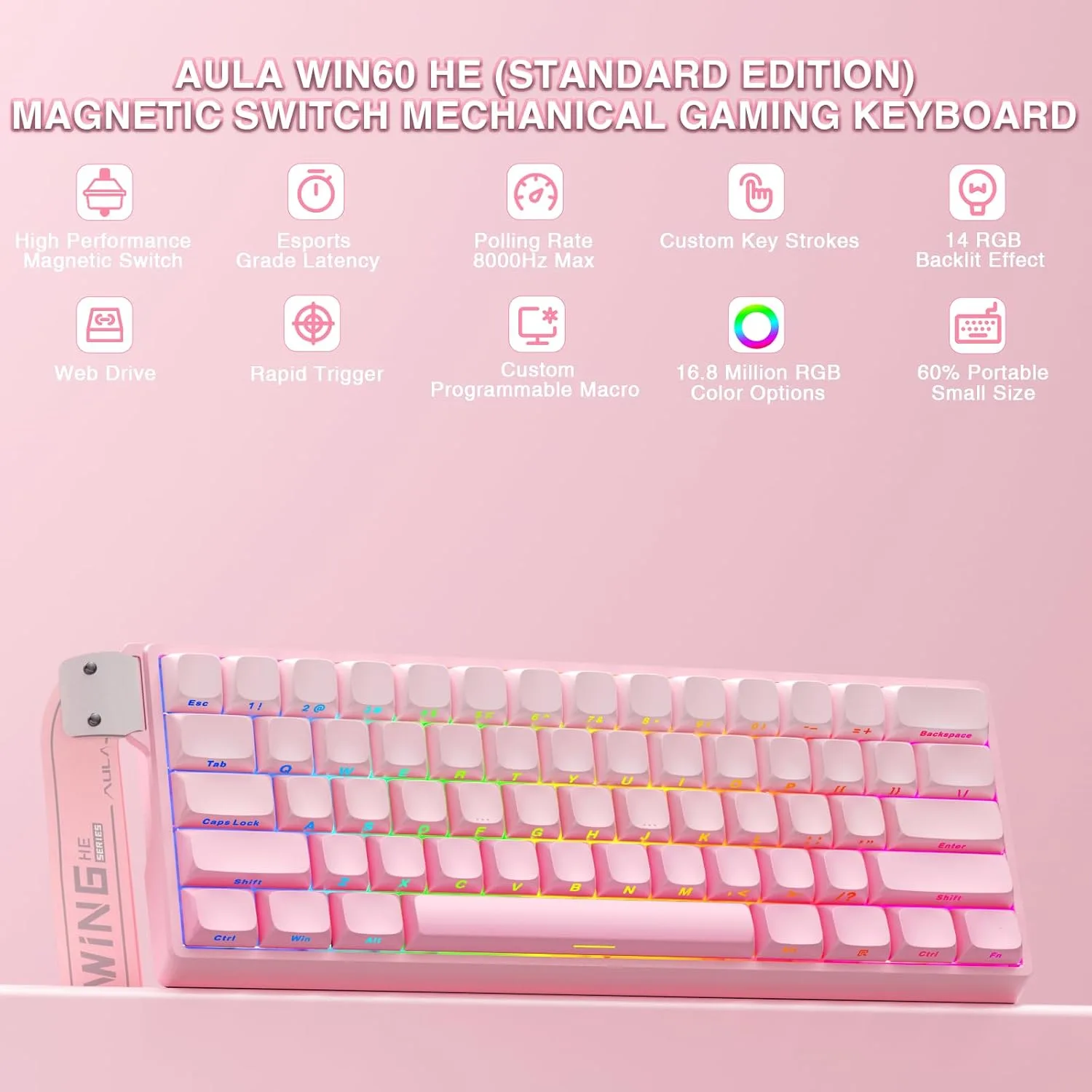 Aula WIN60 HE - 60% Mechanical Gaming Keyboard Wired, Hall Effect Magnetic Switch Hot Swappable,8000 Hz Polling Rate, RGB Keyboard 60 Percent Compact Design for PC (Gradient Pink)