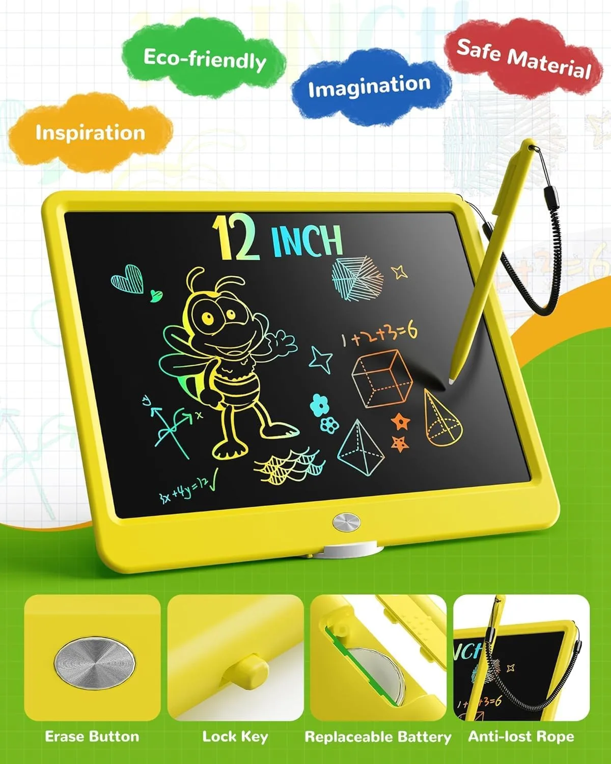 TEKFUN 12" LCD Writing Tablet for Kids Ages 3–8, Easy & Fun Doodle Board for Drawing and Writing, Screen-Free Way to Keep Kids Busy at Home or Travel, Great Gift Idea for Girls Boys (Yellow)