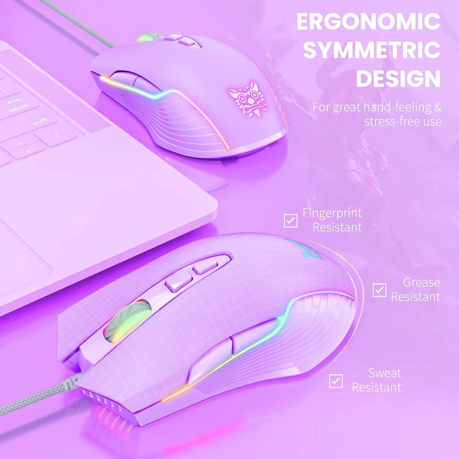 RGB Gaming Mouse Wired, 6400 DPI & 7 Buttons, Lilac