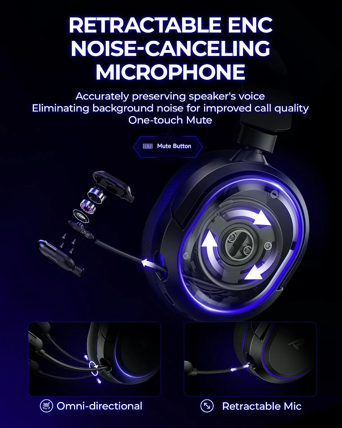 Wireless Gaming Headset, 7.1 Surround Sound, 2.4GHz USB Gaming Headphones with Bluetooth 5.4, 100H Battery, ENC Noise Canceling Mic, RGB Light, Wireless Headset for PC PS5 PS4 Mac Switch (Black-Blue)