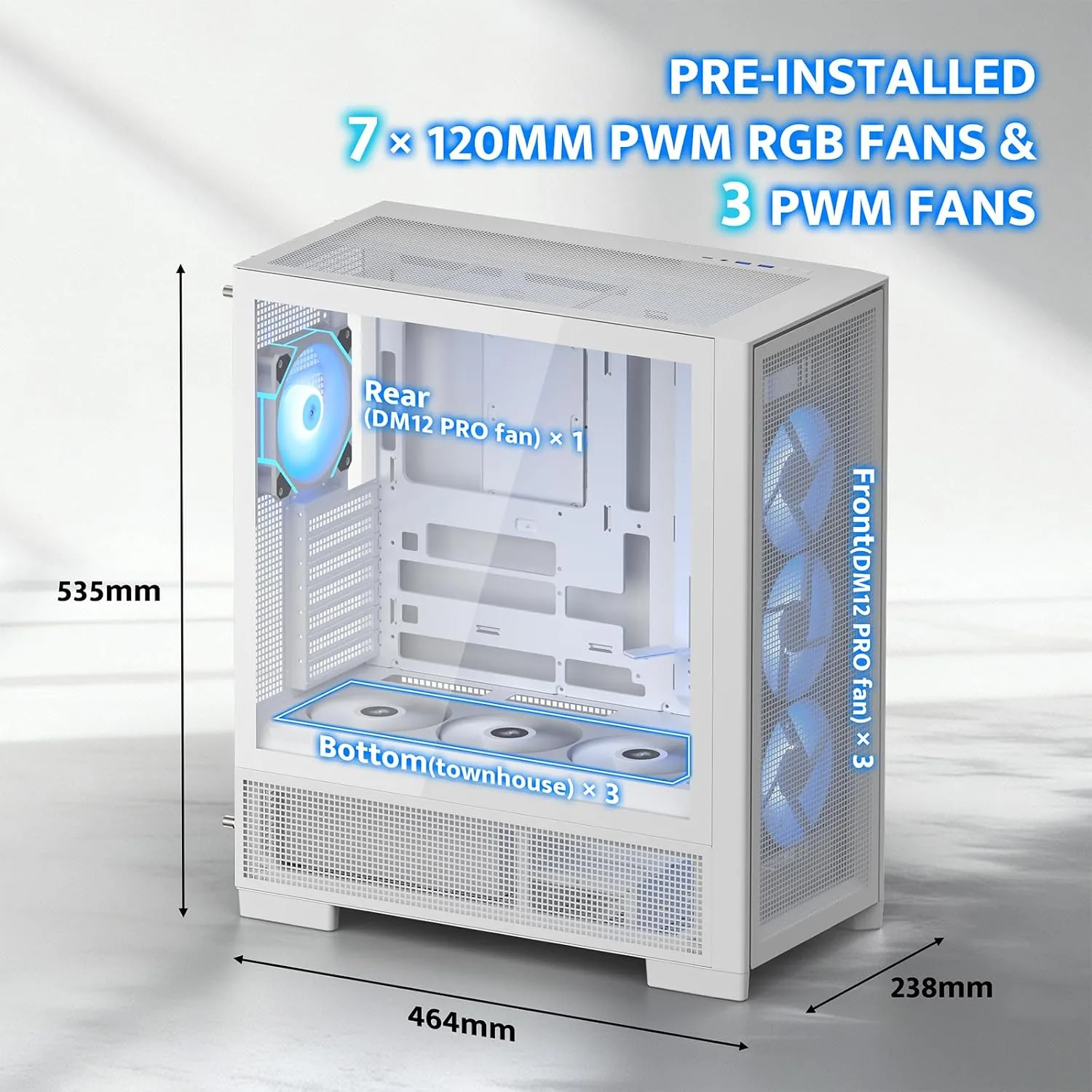 darkFlash AIR NOVA Full Tower E-ATX PC Case, Six-Sided Ventilated Gaming Case, Up to 420mm Radiator, Vertical GPU Mount, Back Connect, Type C, High Airflow, 7 x PWM ARGB Fans Included (White)
