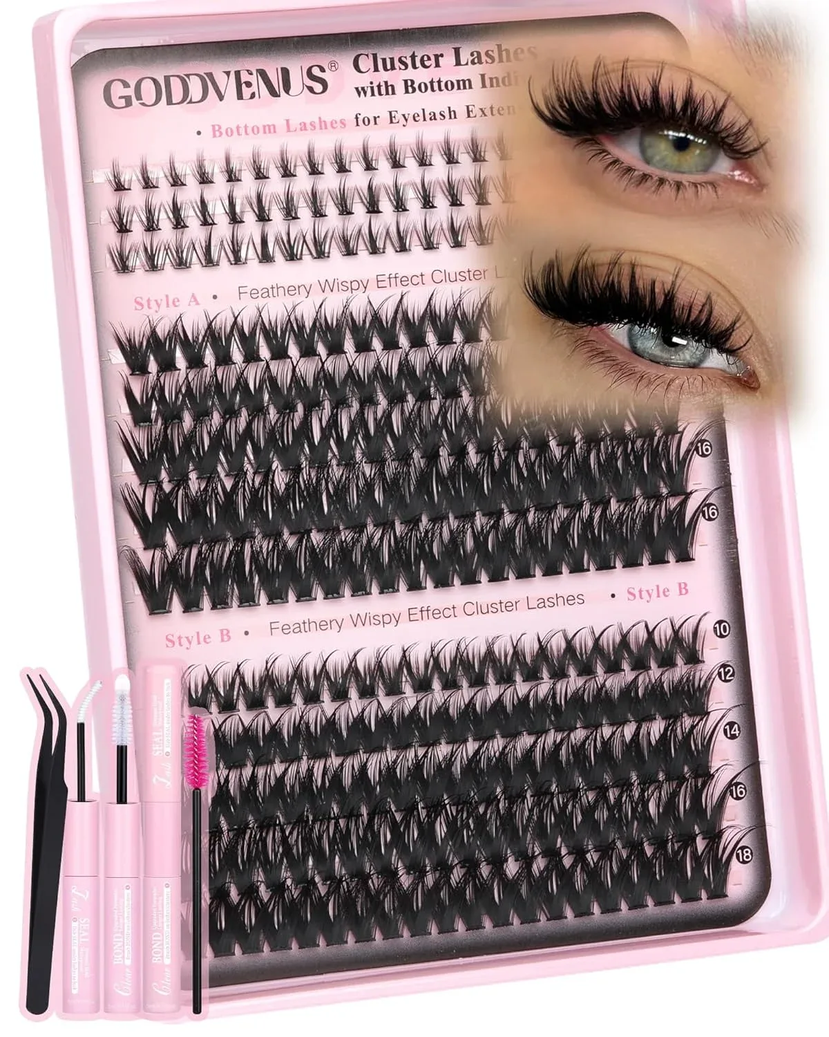 Kit de extensiones de pestañas Goddvenus Wispy Clusters rizo C