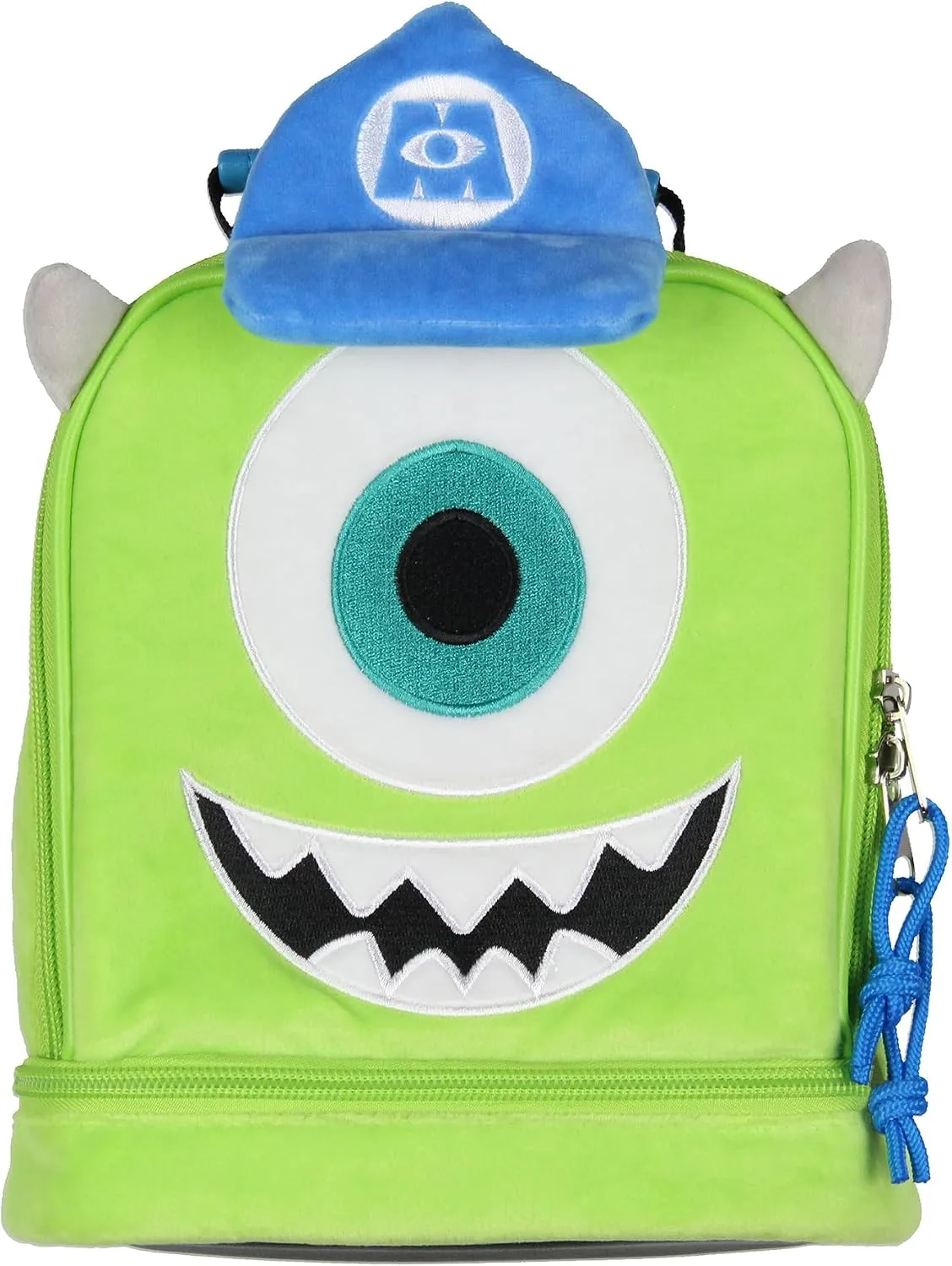 Disney Monsters Inc Lunch Box Mike Wazowski Plush Fuzzy Embroidered Face 3D Ears and Hat Insulated Lunch Bag Tote For Hot And Cold Food 9"