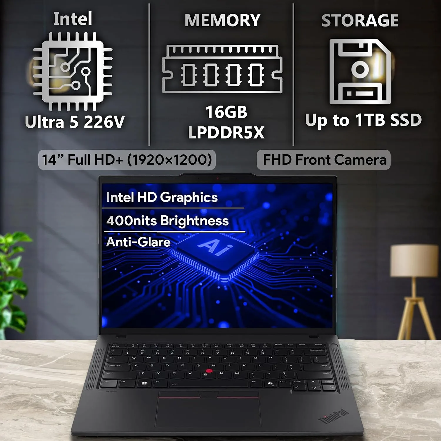 Lenovo ThinkPad T14 Gen 6, 14" FHD+ Display, Intel Ultra 5 226V, 16GB LPDDR5X RAM, 1TB SSD PCIe, Fingerprint, Backlit Keyboard, WiFi 7 + BT, RJ-45, FHD Webcam, Win 11 Pro, AI Business Laptop - Black