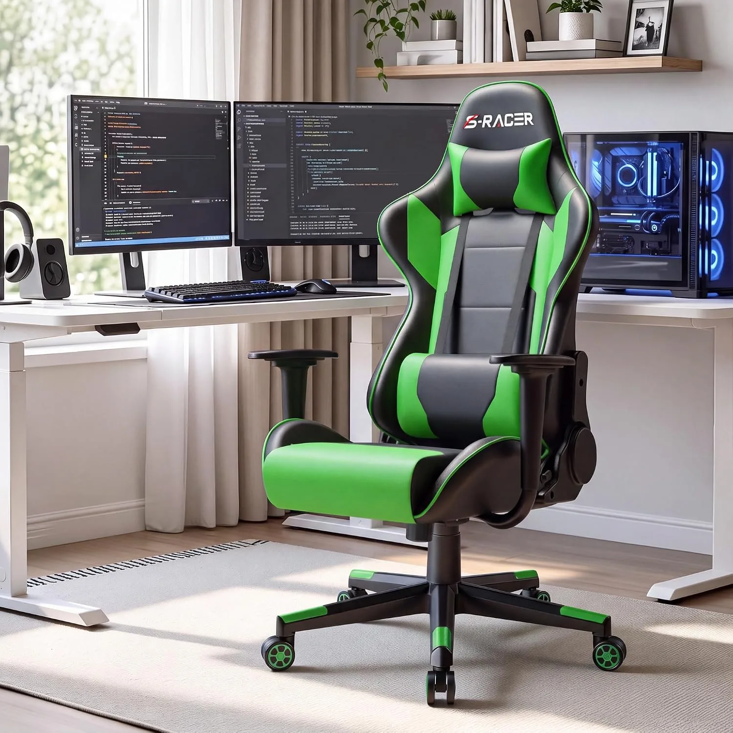 Homall Gaming Chair, Office Chair High Back Computer Chair Leather Desk Chair Racing Executive Ergonomic Adjustable Swivel Task Chair with Headrest and Lumbar Support (Green)