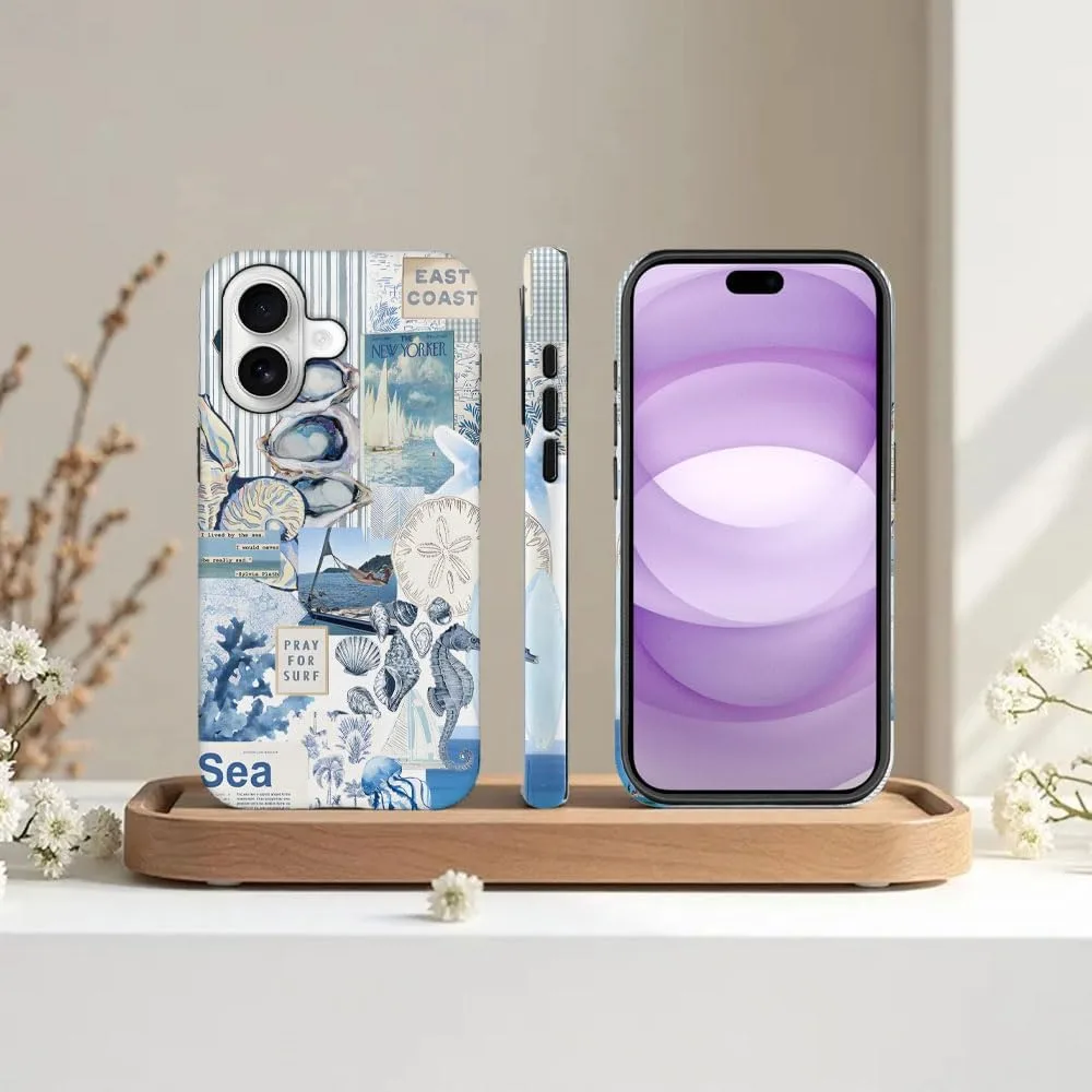Case Compatible with iPhone 17,Fall Prevention Hybrid 2-Layer Hard Shell Phone Cover for Girls Boys,Seashell Ocean Blue Retro Collage