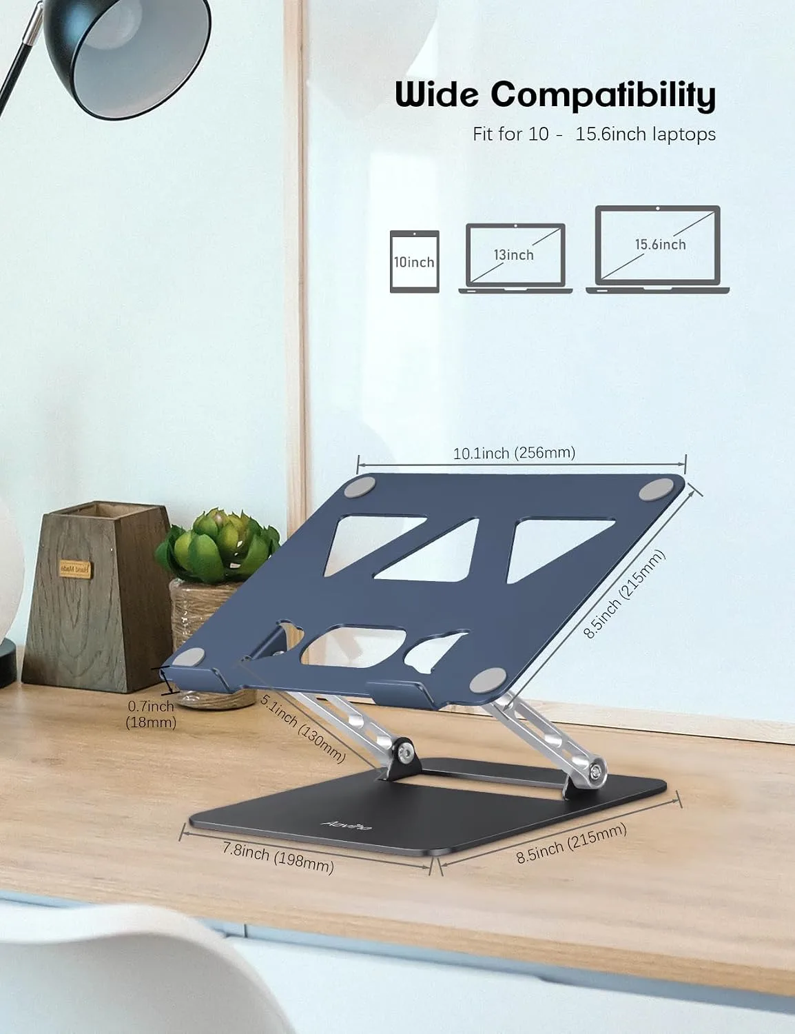 Aoviho Adjustable Laptop Stand for Desk,Portable Laptop Stand Holder and Riser,Foldable Aluminum Notebook Computer Stands for MacBook Air Pro HP Lenovo Dell Samsung, 10-15.6 inch (Navy-Silver-Black)