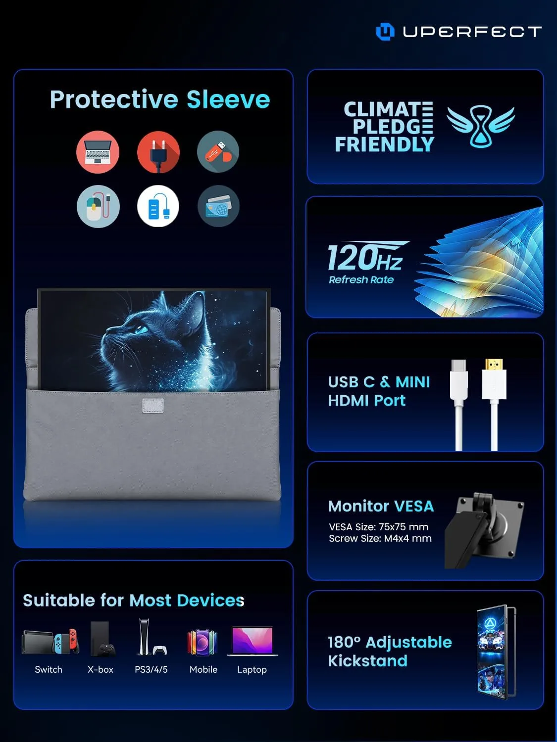 UPERFECT 18.5" 120Hz Portable Monitor, 125% sRGB Large Gaming Monitor