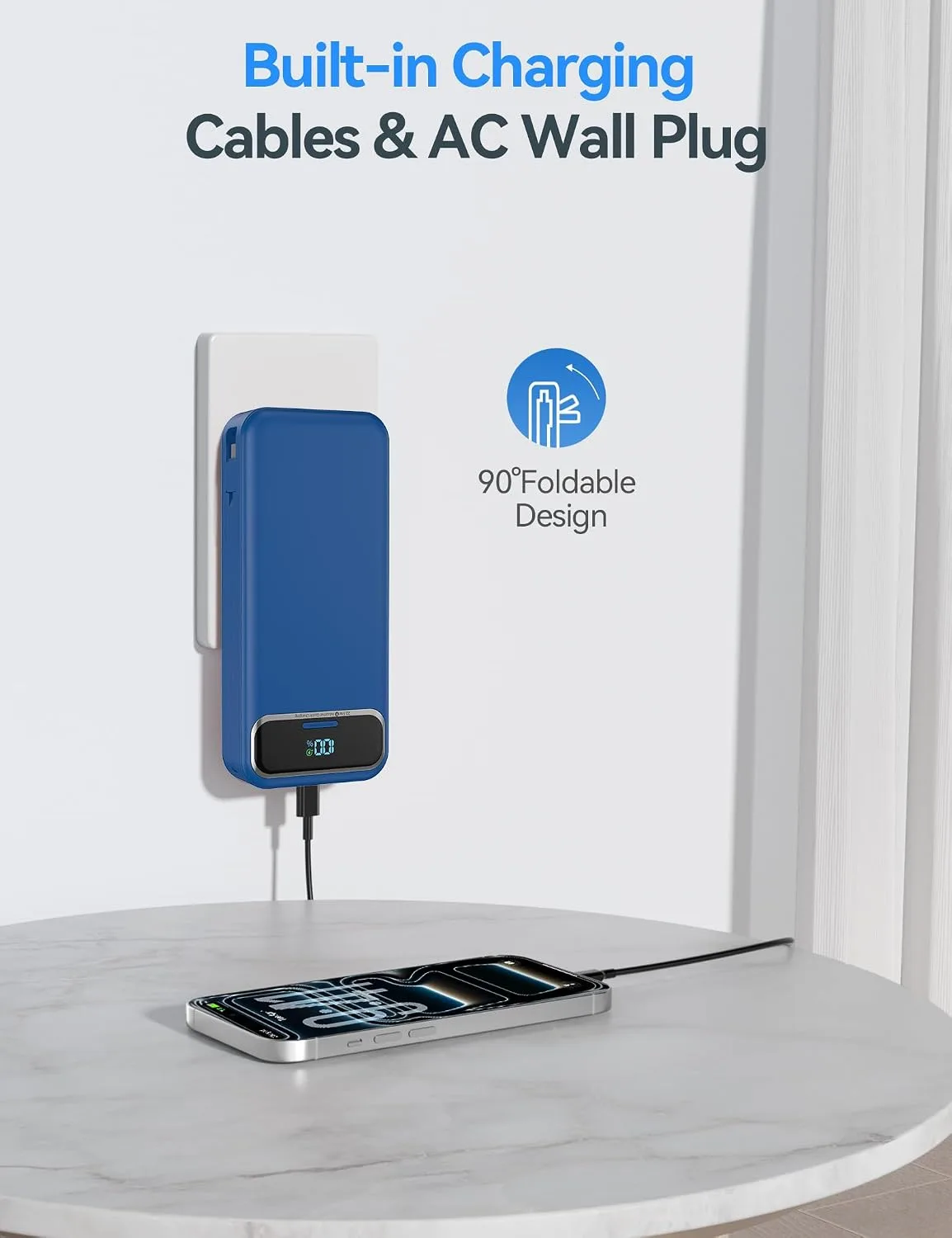 aonidi Portable Charger 20000mAh with Built-in Cables&AC Wall Plug, Navy