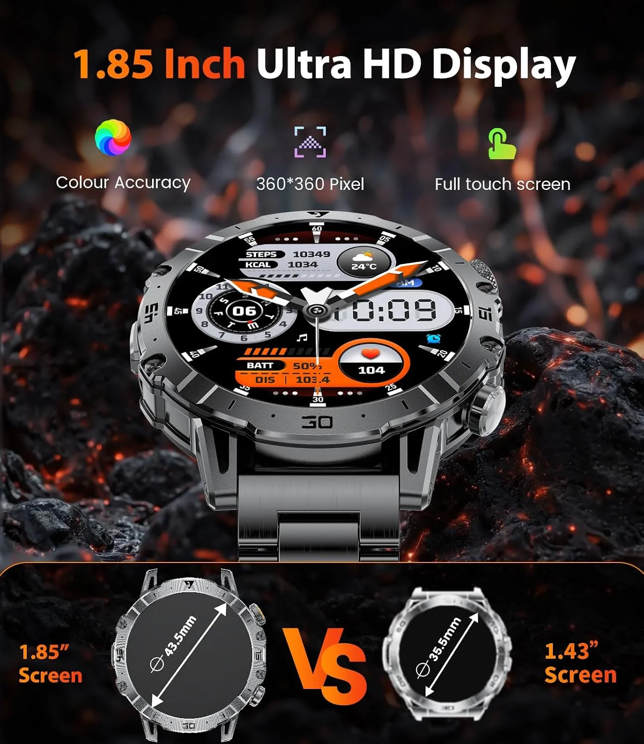 Military Smart Watch for Men, 1000 mAh 60 Days Large Battery, 1.85″ HD Smartwatch with LED Flashlight/IP68/100+ Sport Modes Fitness Tracker, Smart Watches for Android iOS, 3 Straps, Dark Grey