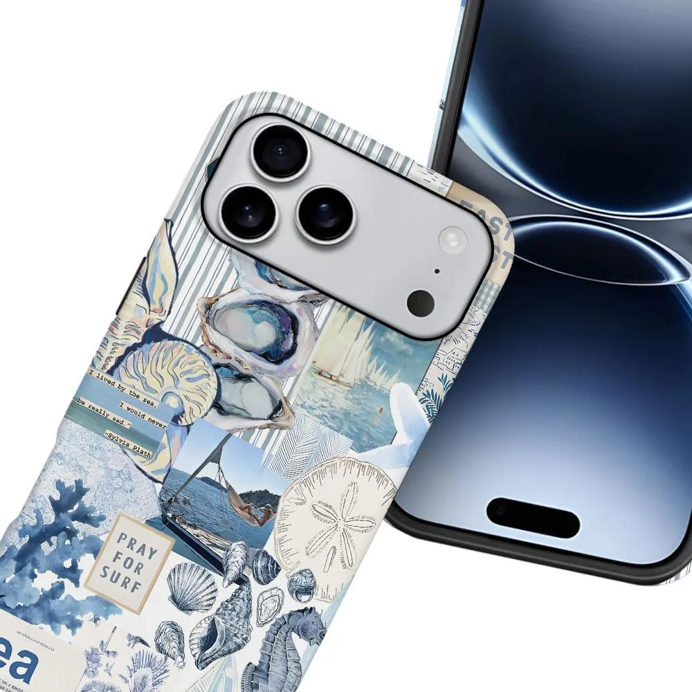 Case Compatible with iPhone 18 Pro Max/iPhone 17 Pro Max,Fall Prevention Hybrid 2-Layer Hard Shell Phone Cover for Girls Boys,Seashell Ocean Blue Retro Collage