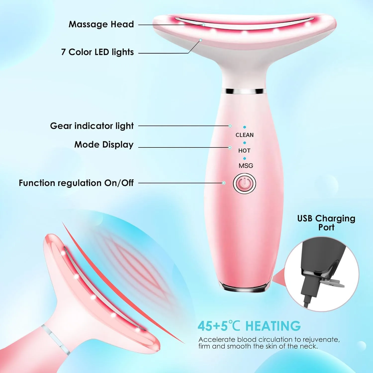 Face Massager -7 Color Red-Light-Therapy for Face and Neck for Wrinkles, Double Chin, Vibrating Facial Massage (Pink)